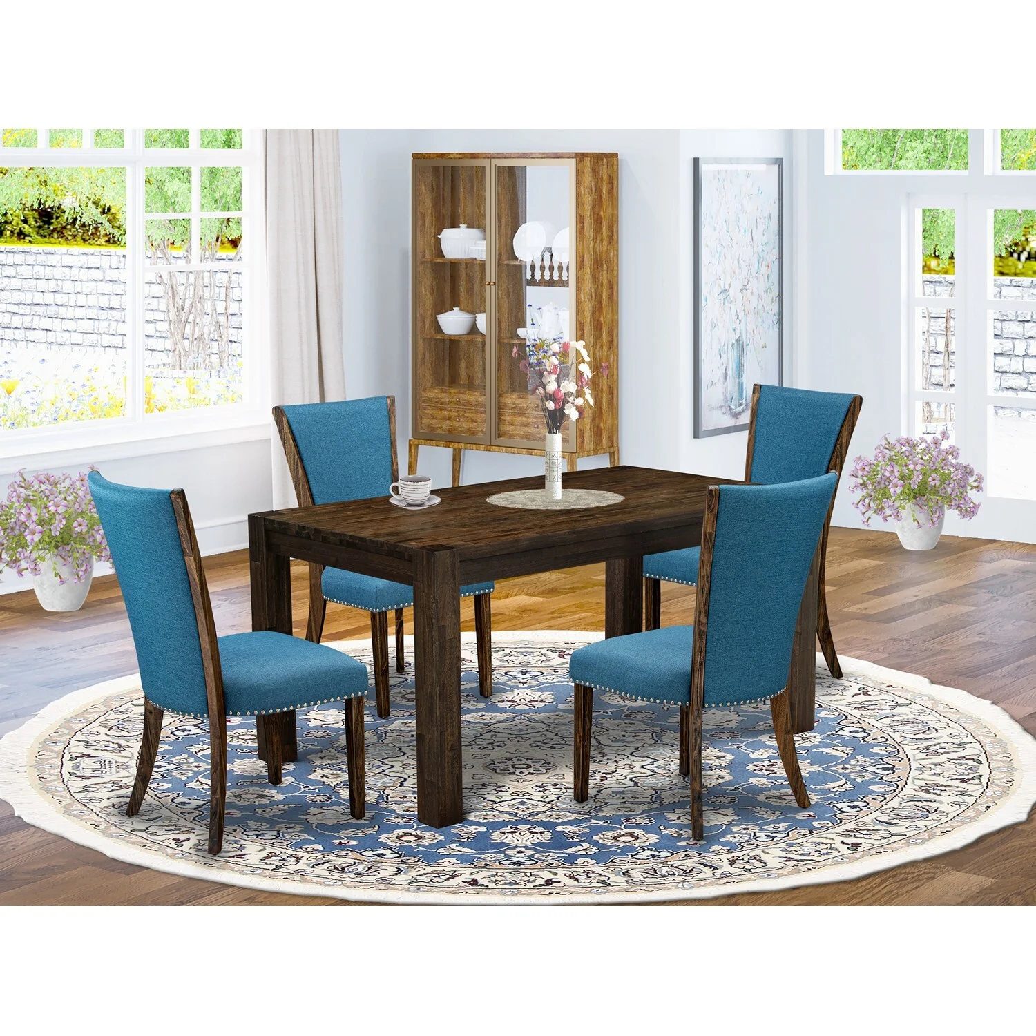 East West Furniture Celina 5-piece Wood Dining Set in Jacobean Brown/Blue
