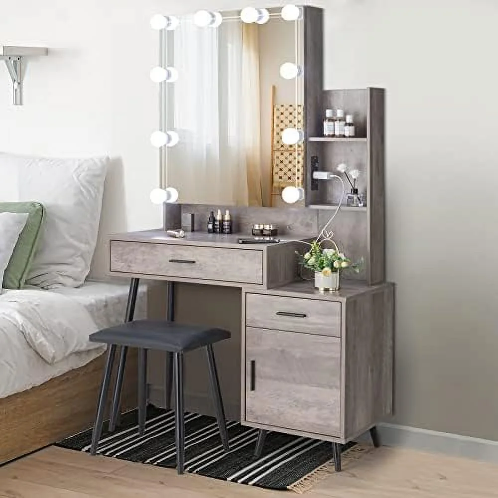 HBLUKDL Vanity Desk with Sliding Mirror & Lights & Charging Station & Drawers & Shelves  Farmhouse Modern  Vanity Set with Stool for Bedroom (Rustic Gray  43'' x 1