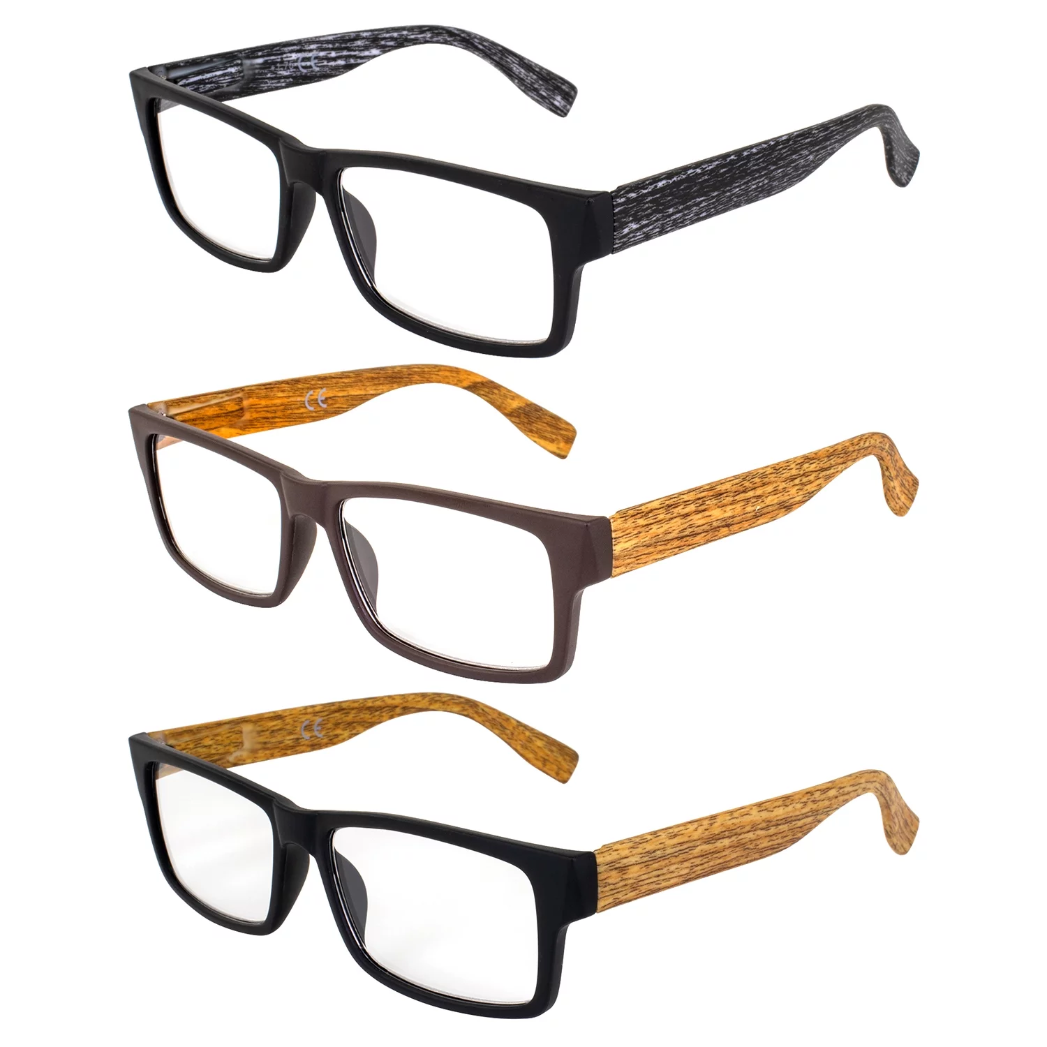 3 Pairs of Global Vision Wood Premium Reader Glasses Polycarbonate Frame w/ Simulated Woodgrain Temple Acrylic Clear Reading Lenses +3.0 Magnification Reading Glasses for Men Women, 2 Black & 1 Brown