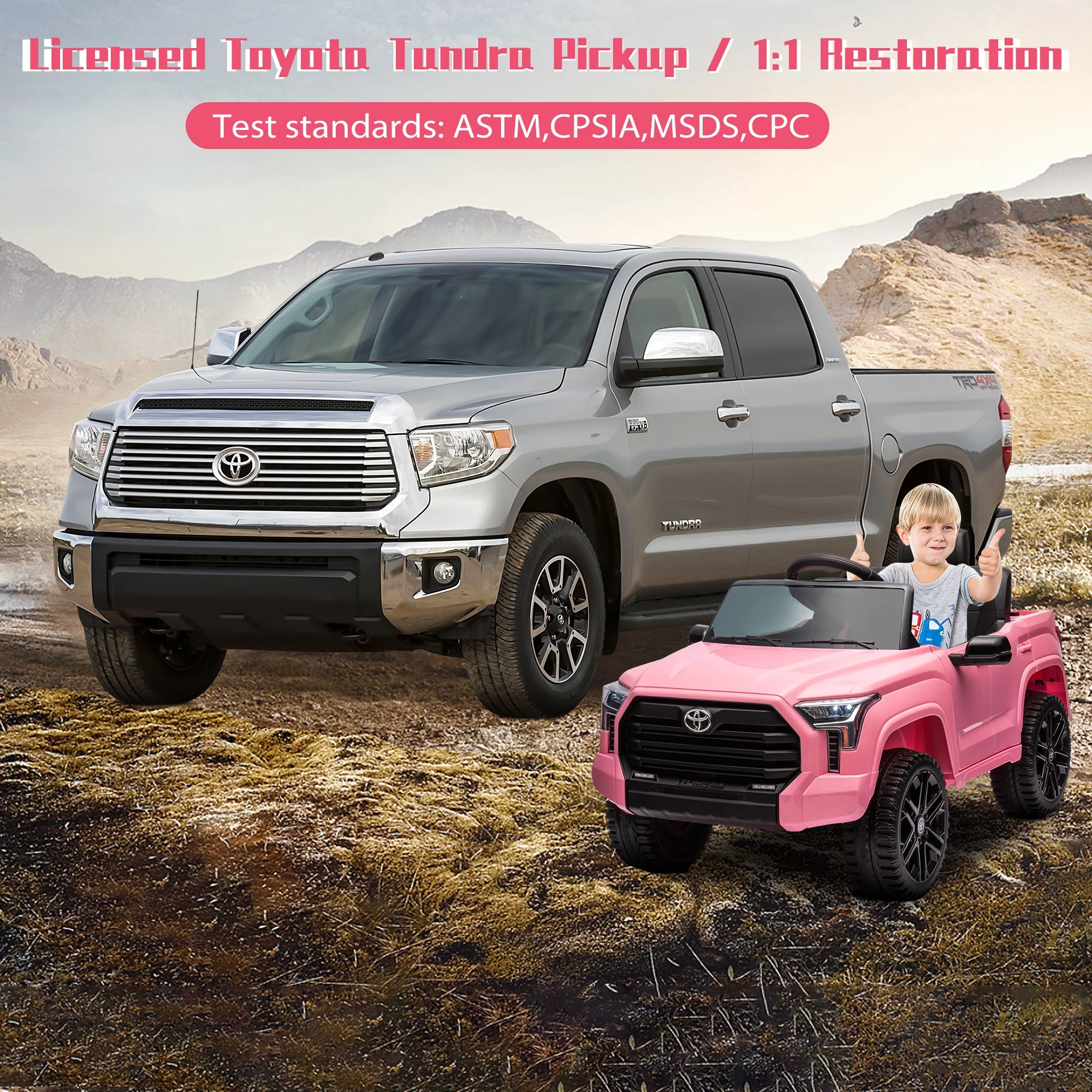 12V Kids Ride on Car Licensed Toyota Tundra Pickup Electric Vehicle with 2.4G Remote Control Powered Ride on Toy for Boys and Girls, Three speed adjustable, Bluetooth, Ride on Truck for 3-5 Years Old