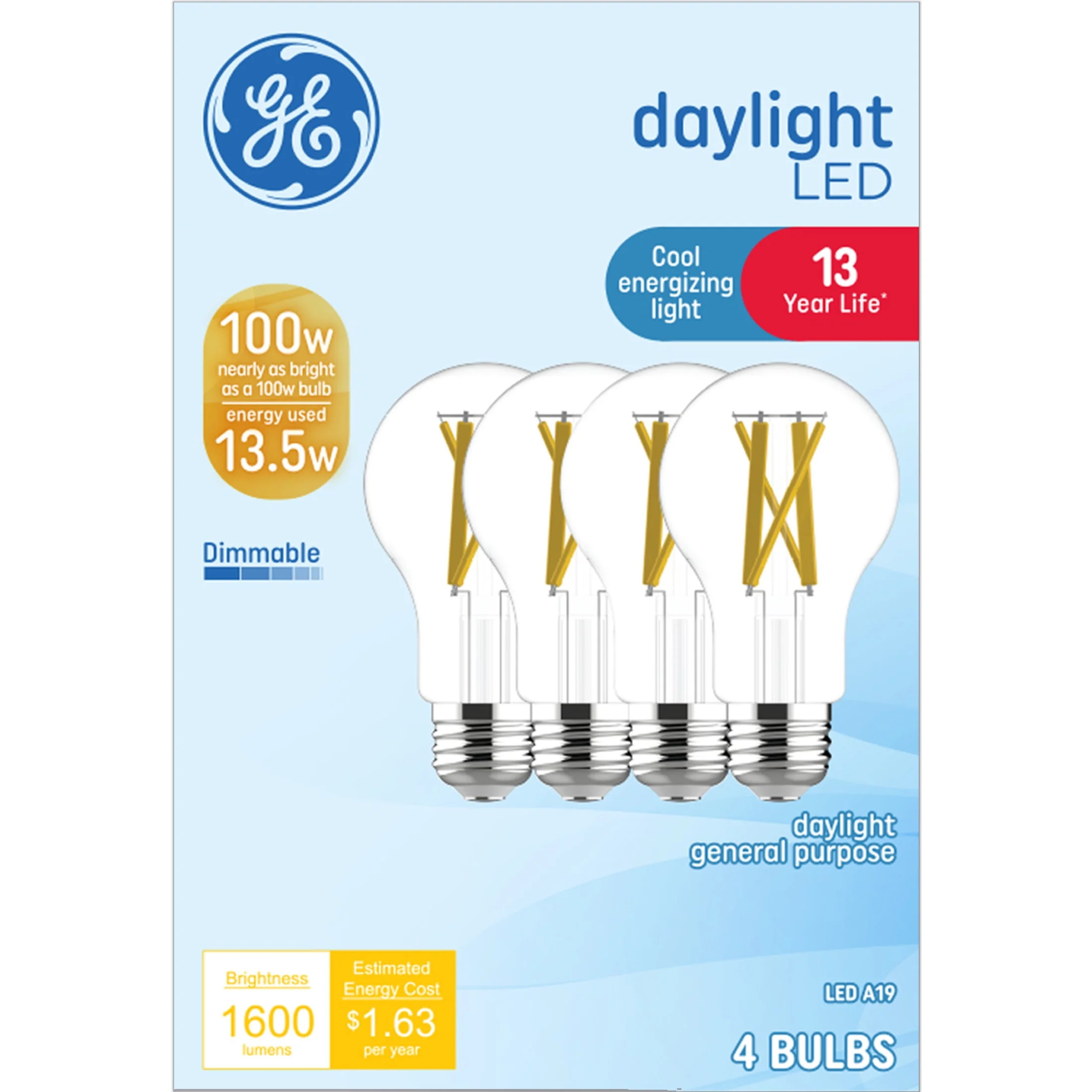 GE A19 LED Light Bulbs, 100 Watt, Daylight, 13yr, 4pk CEC