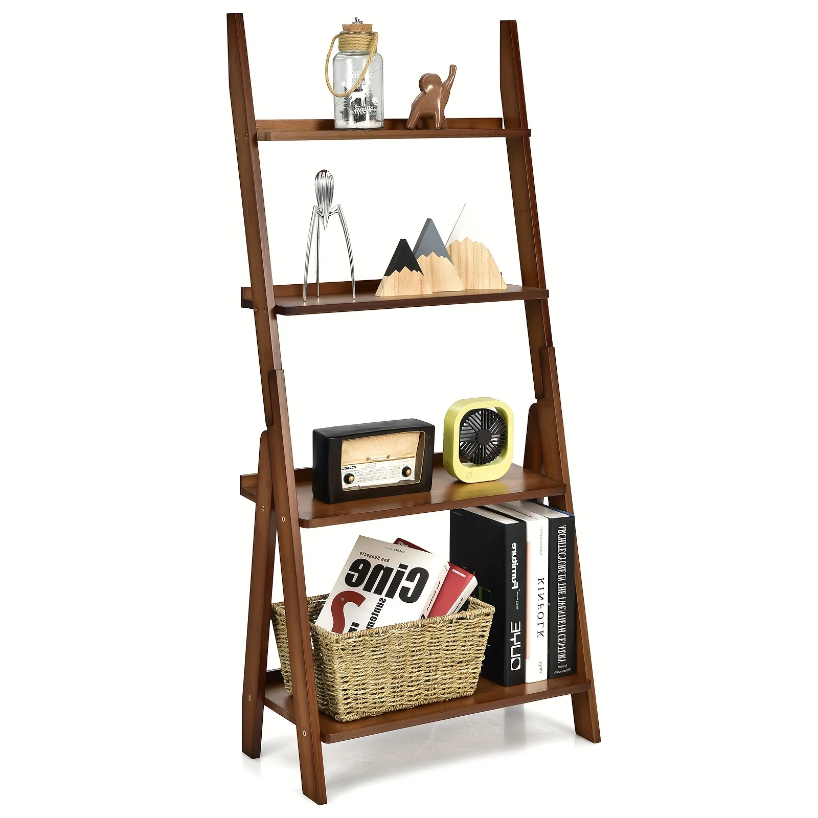 4-Tier Ladder Shelf, Wooden Plant Stand Shelf, Small Foldable Ladder Shelf with Open Storage Shelf, Storage Organizer Plant Stand for Balcony, Home Office, No Assembly, Brown