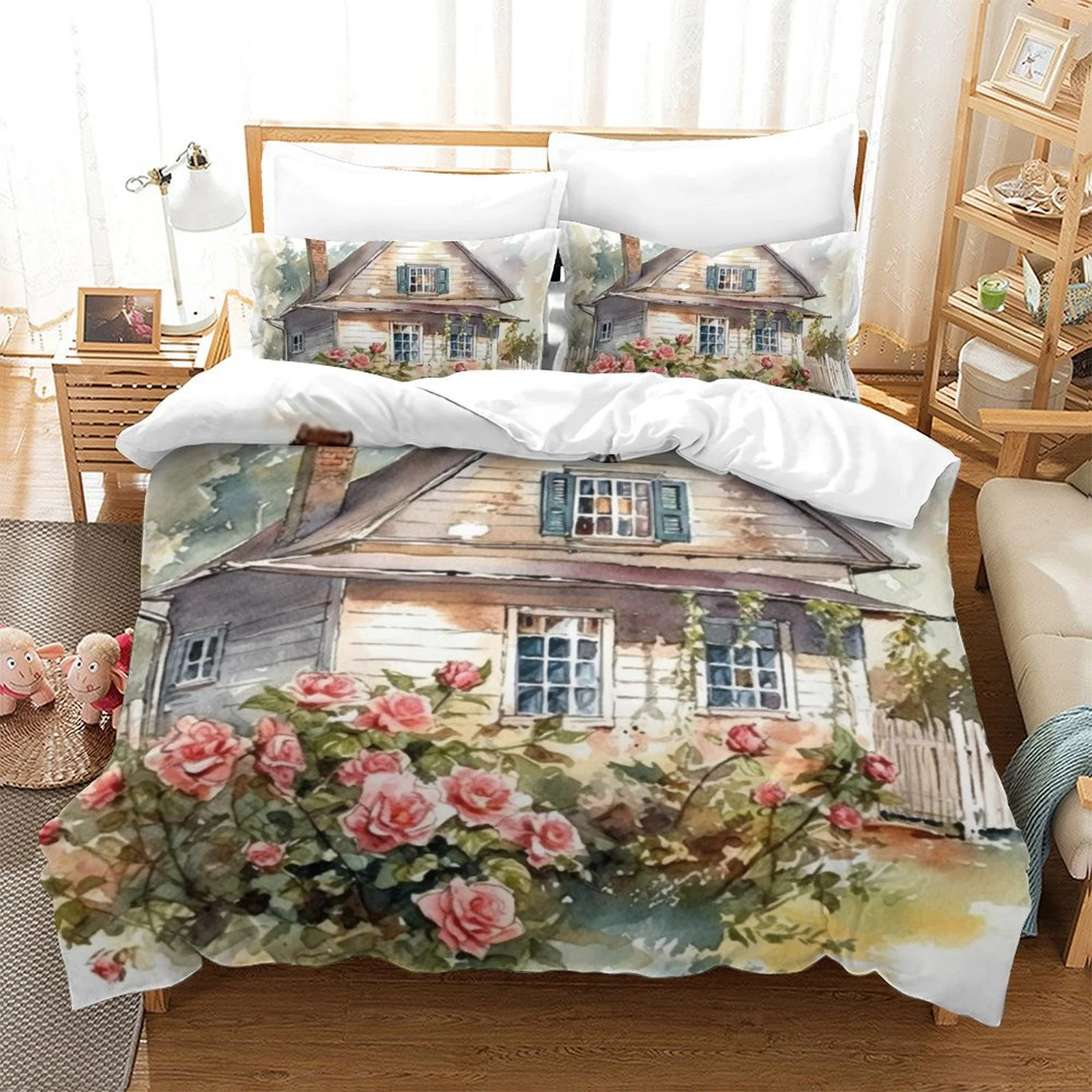 Comforter Cover Set Log Cabin Flower Clusters Printed Bedspreads Modern Bedroom Decor,Full (80