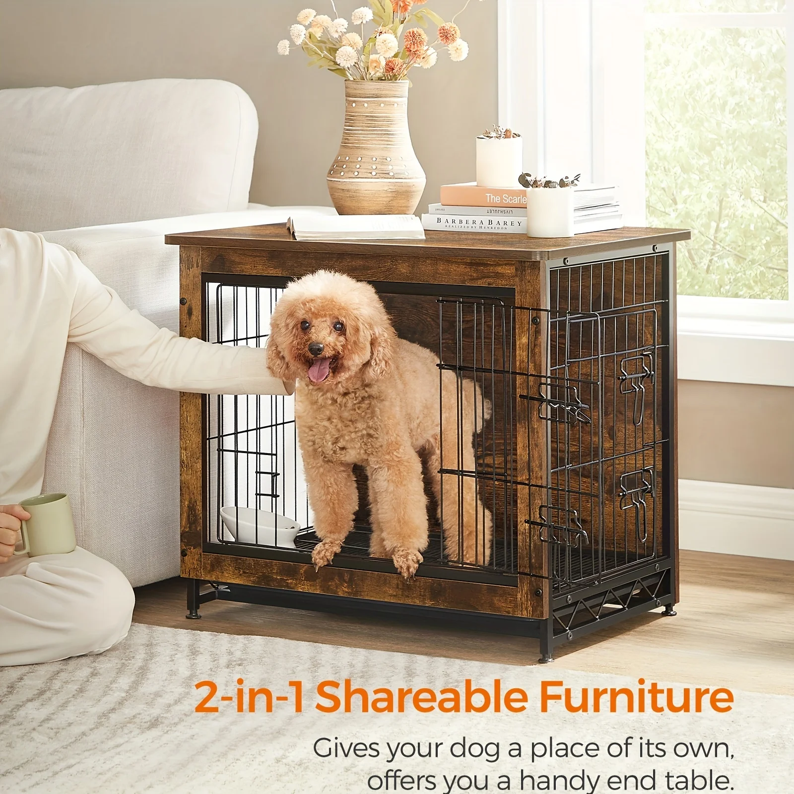 Dog Crate Furniture, Side End Table, Modern Kennel for Dogs Indoor up to 30 lb, Heavy-Duty Dog Cage with Multi-Purpose Removable Tray, Double-Door Dog House, Rustic Brown UPFC001X01