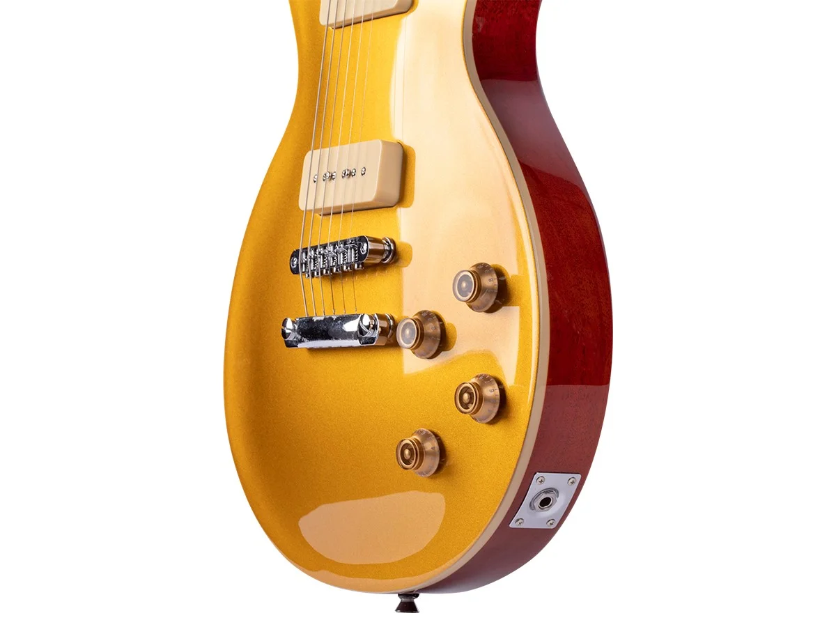Monoprice 66SB DLX Plus Mahogany Electric Guitar with Gig Bag, Gold Top, 6 Strings, Single‑Cutaway Solid Body - Indio Series
