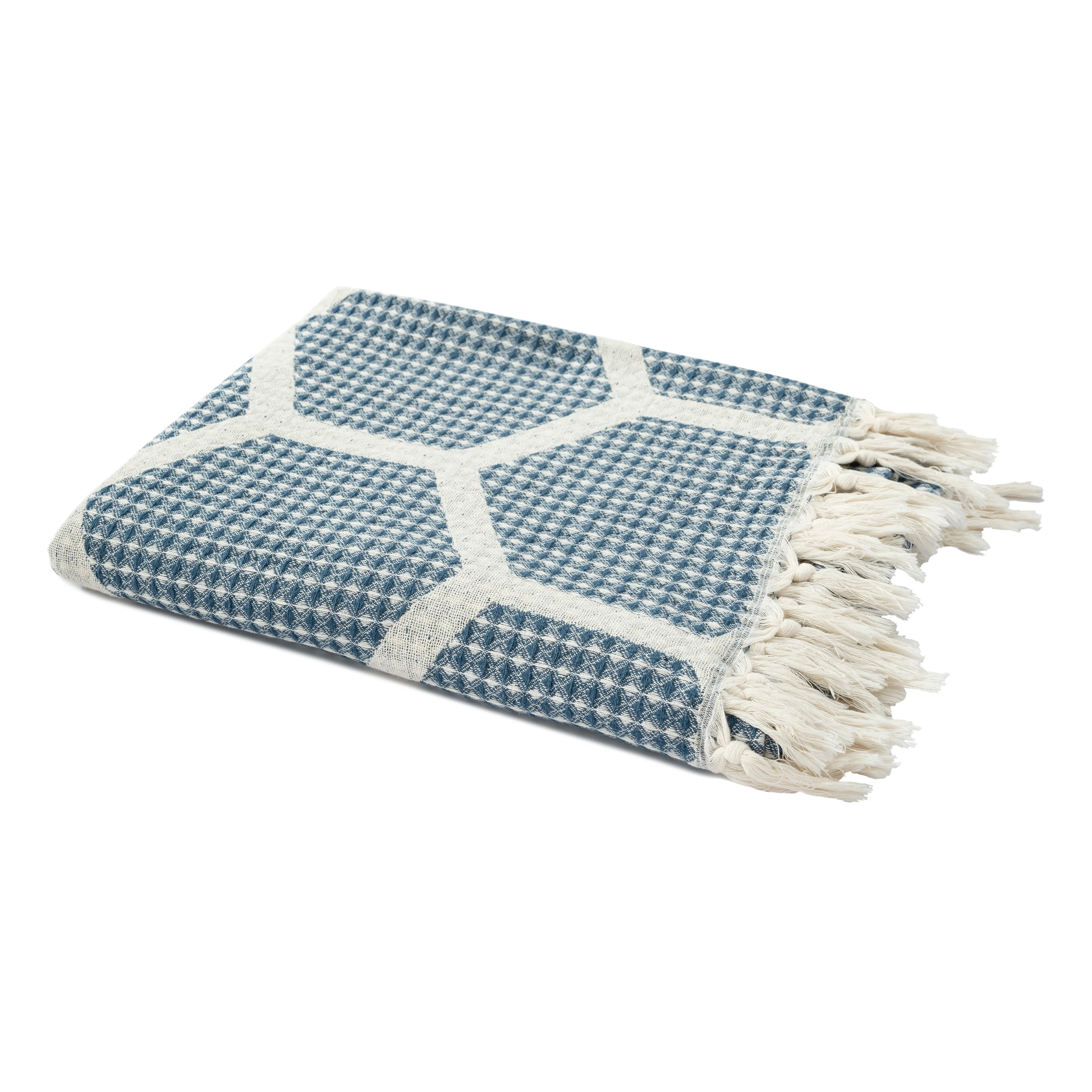 Ox Bay Blue/ Cream Geometric Turkish Organic Cotton Throw Blanket, 50