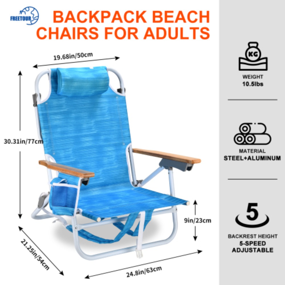 2PCS Backpack Beach Chairs for Adults Beach towel backpack beach chairs for adults 5 position chair with pouch folding lightweight positions back pack 13 inch high