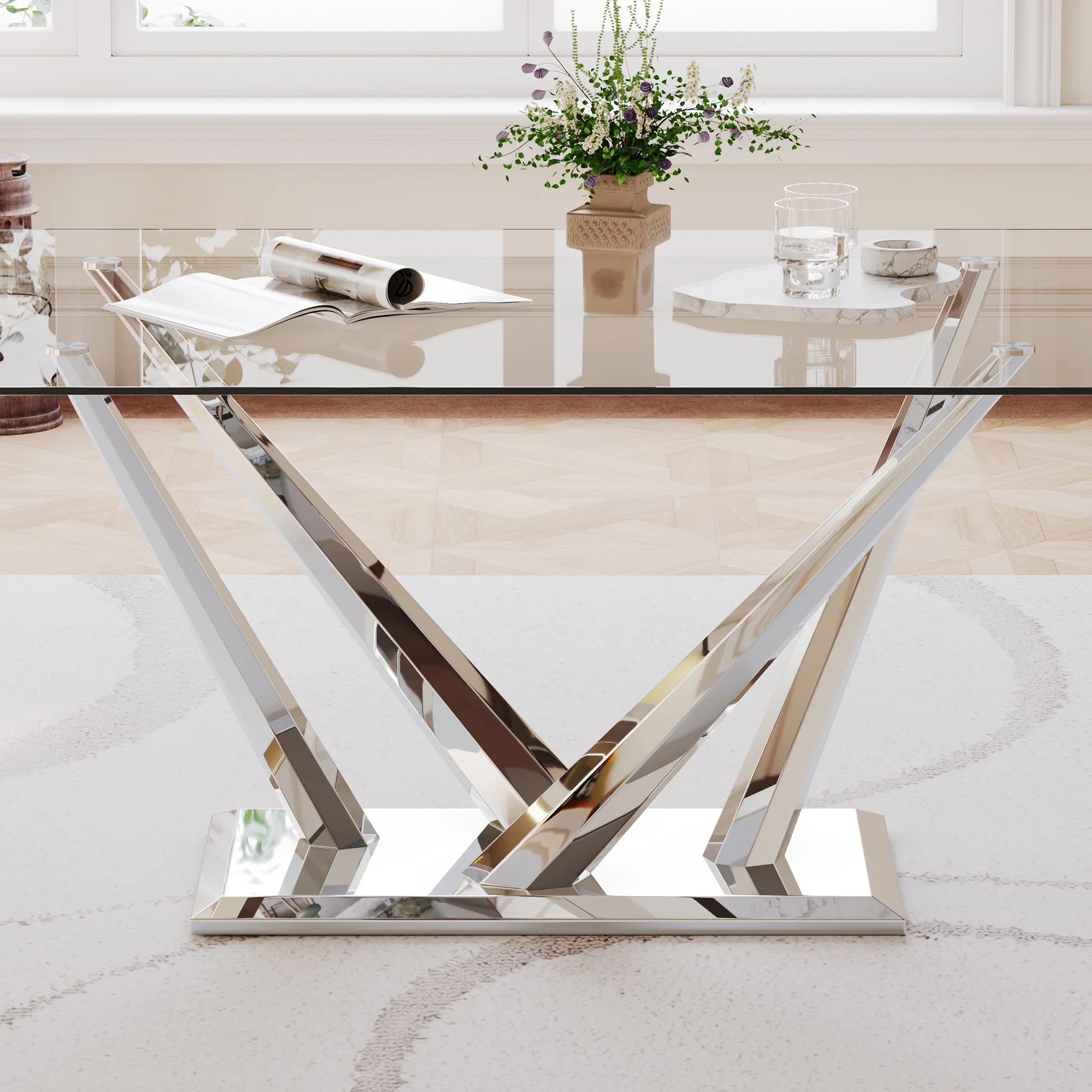 Ssline Rectangular Dining Table, Tempered Glass Top, Stainless Steel Base for Dining Room