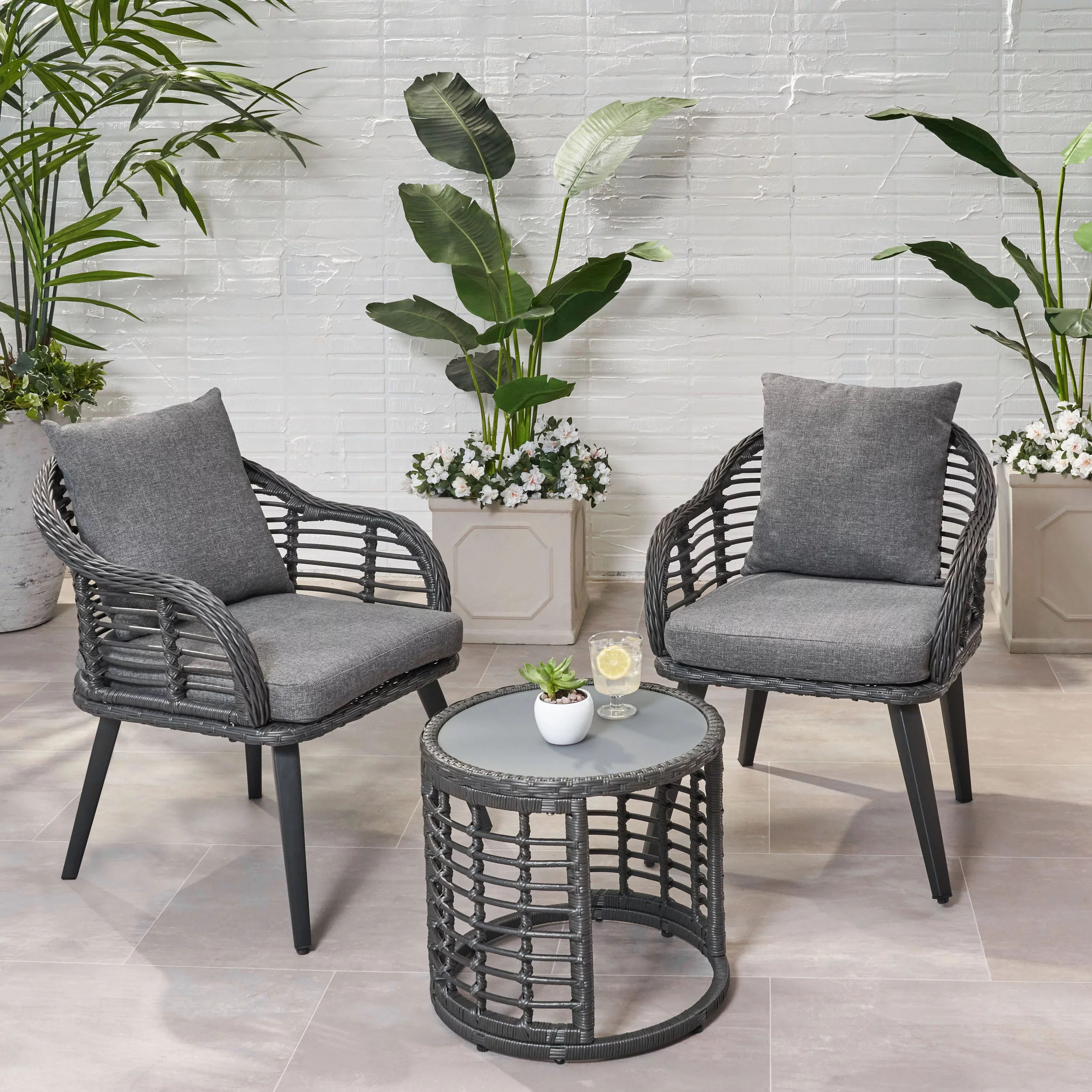 Harrisburg Outdoor Modern Boho 2 Seater Wicker Chat Set with Side Table, Gray and Black
