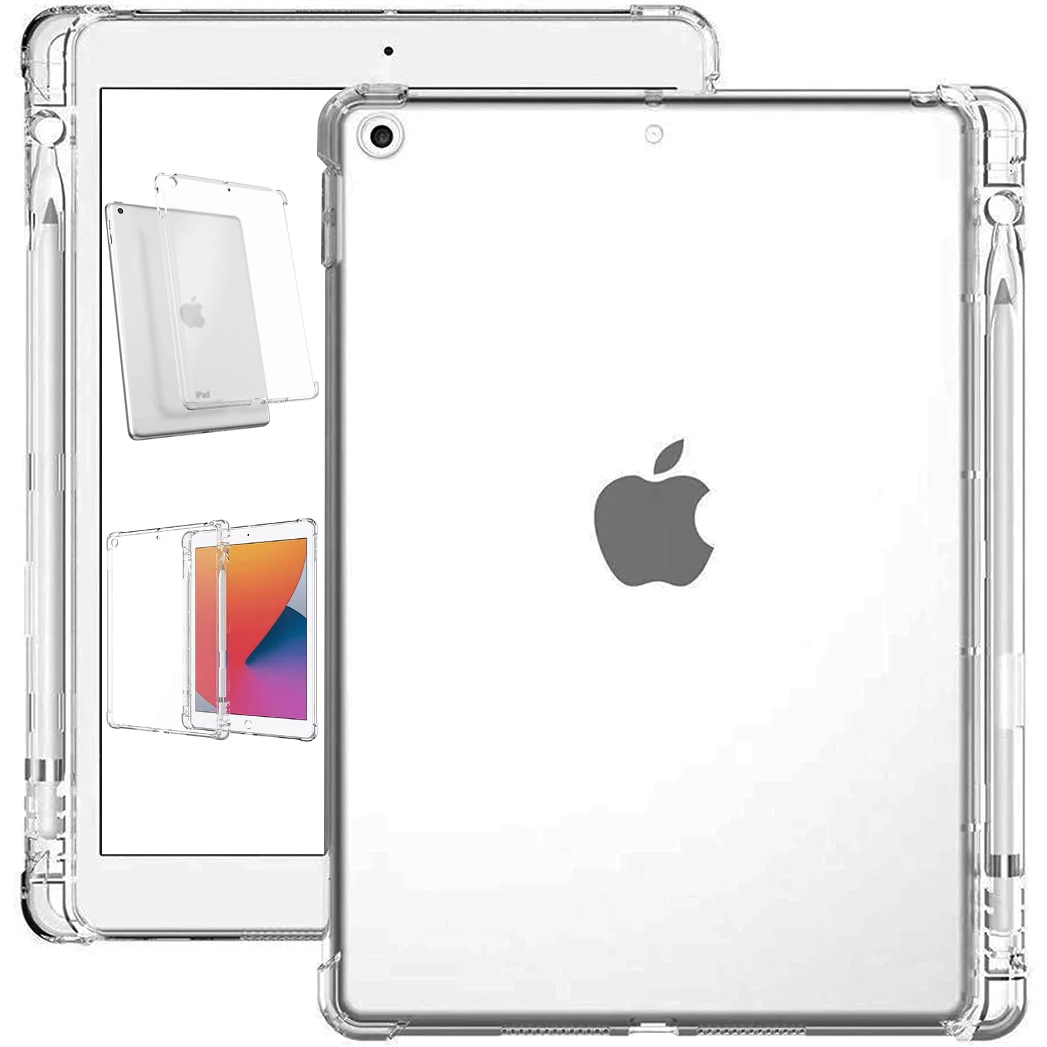 iPad 9.7 Inch 5 6 Air 1 2 [iPad 5th 6th Air 1st 2nd ] A1893 A1954 A1822 A1823 A1566 A1567 A1474 A1475 A1476 Silicon Transparent Slim Back Cover - Transparent with Pencil Holder