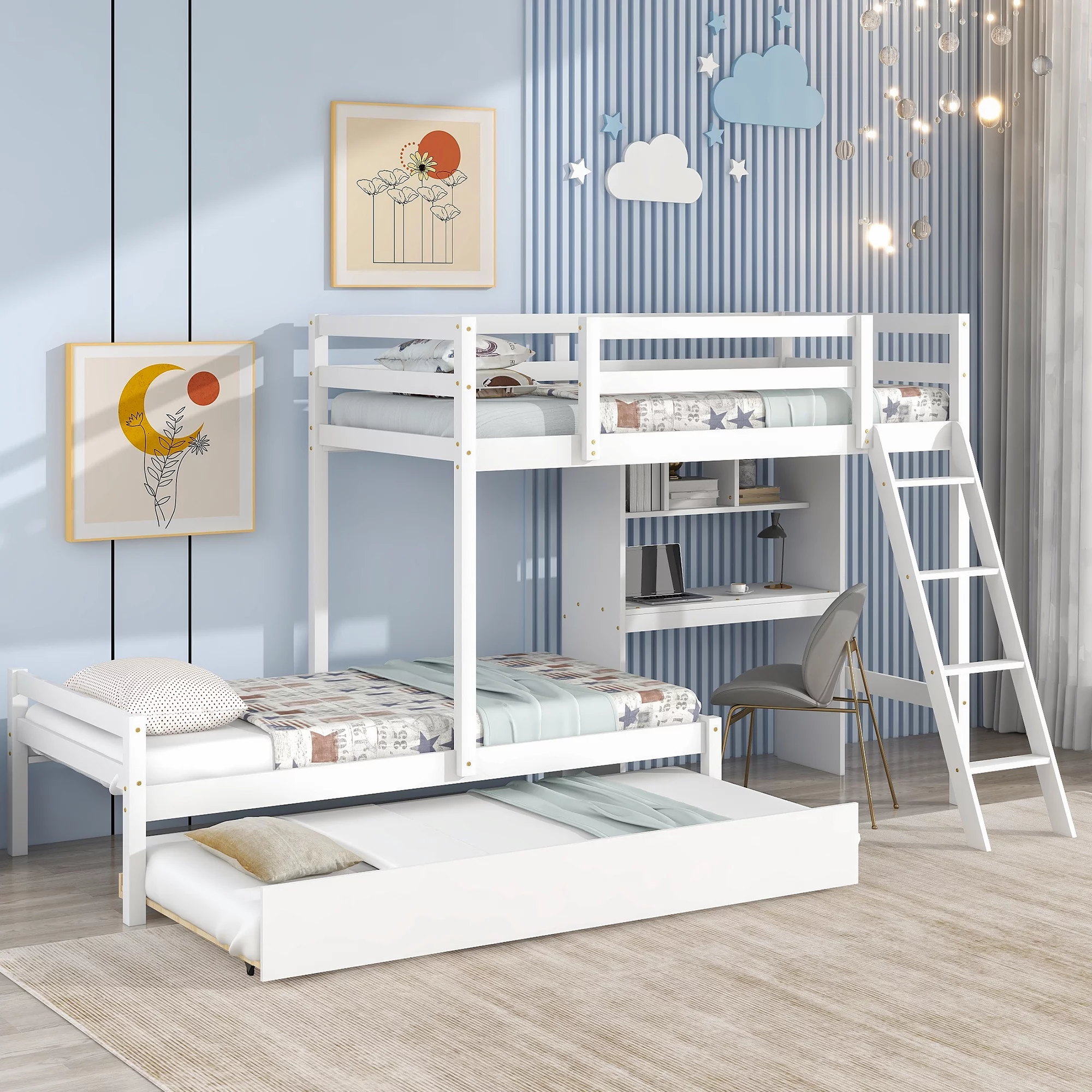 EUROCO Twin over Twin Bunk Bed with Desk and Trundle for Kids, White