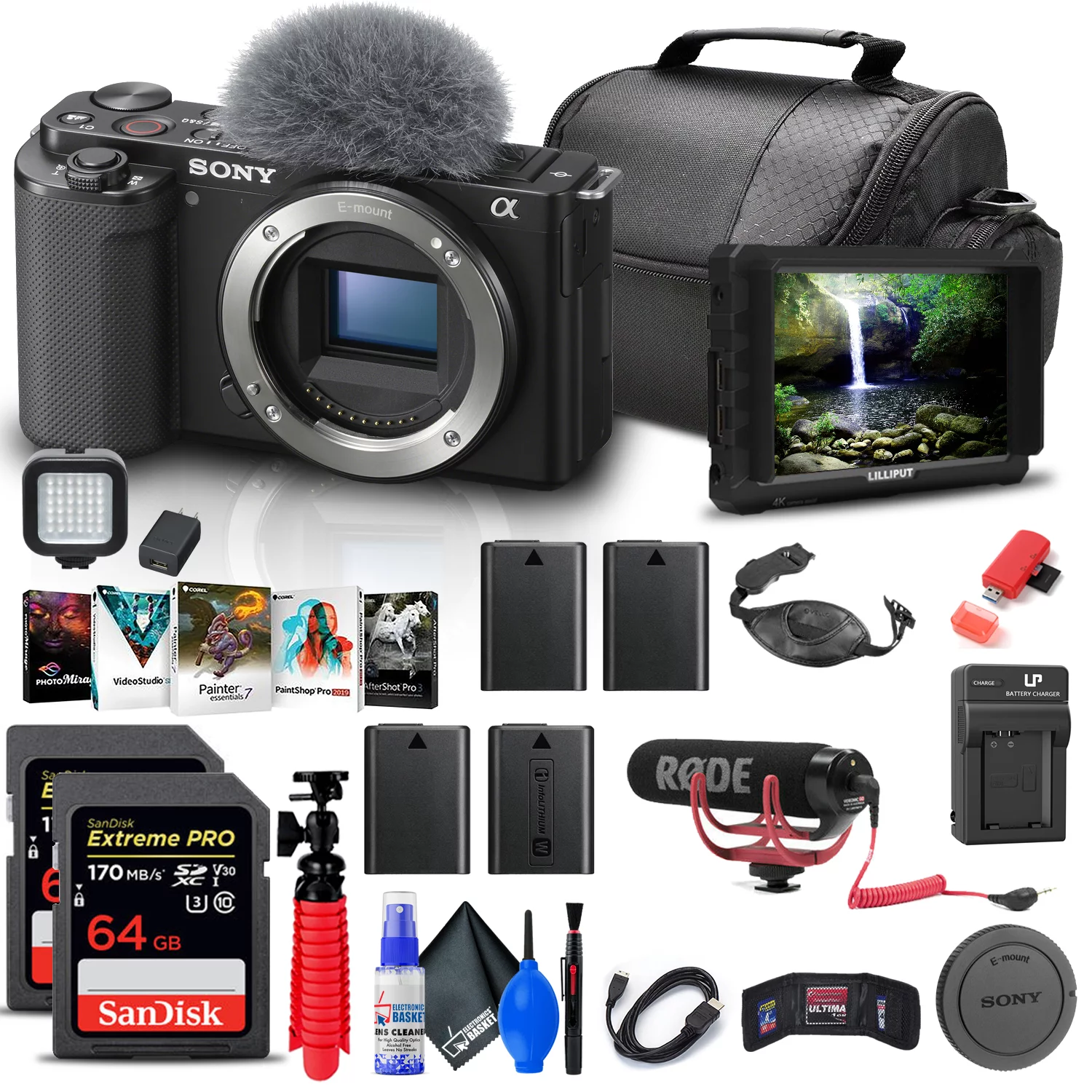 Sony ZV-E10 Mirrorless Camera + 4K Monitor + Pro Mic + 2 x 64GB Card + More