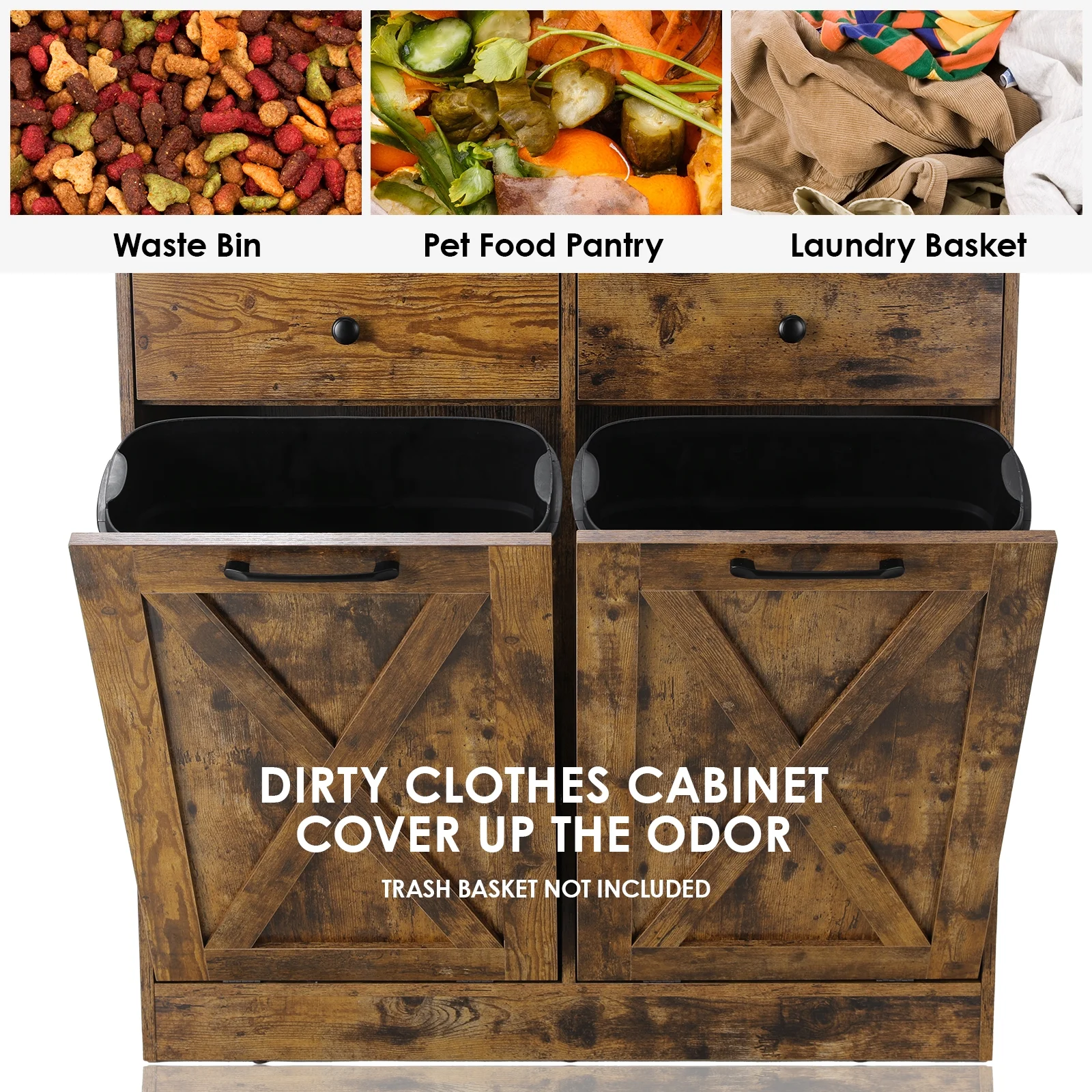 LAZY BUDDY Dual Tilt Out Trash Cabinet, 20 Gallon Kitchen Hidden Garbage Can Cabinet Tall Freestanding Kitchen Pantry Cabinet, Brown