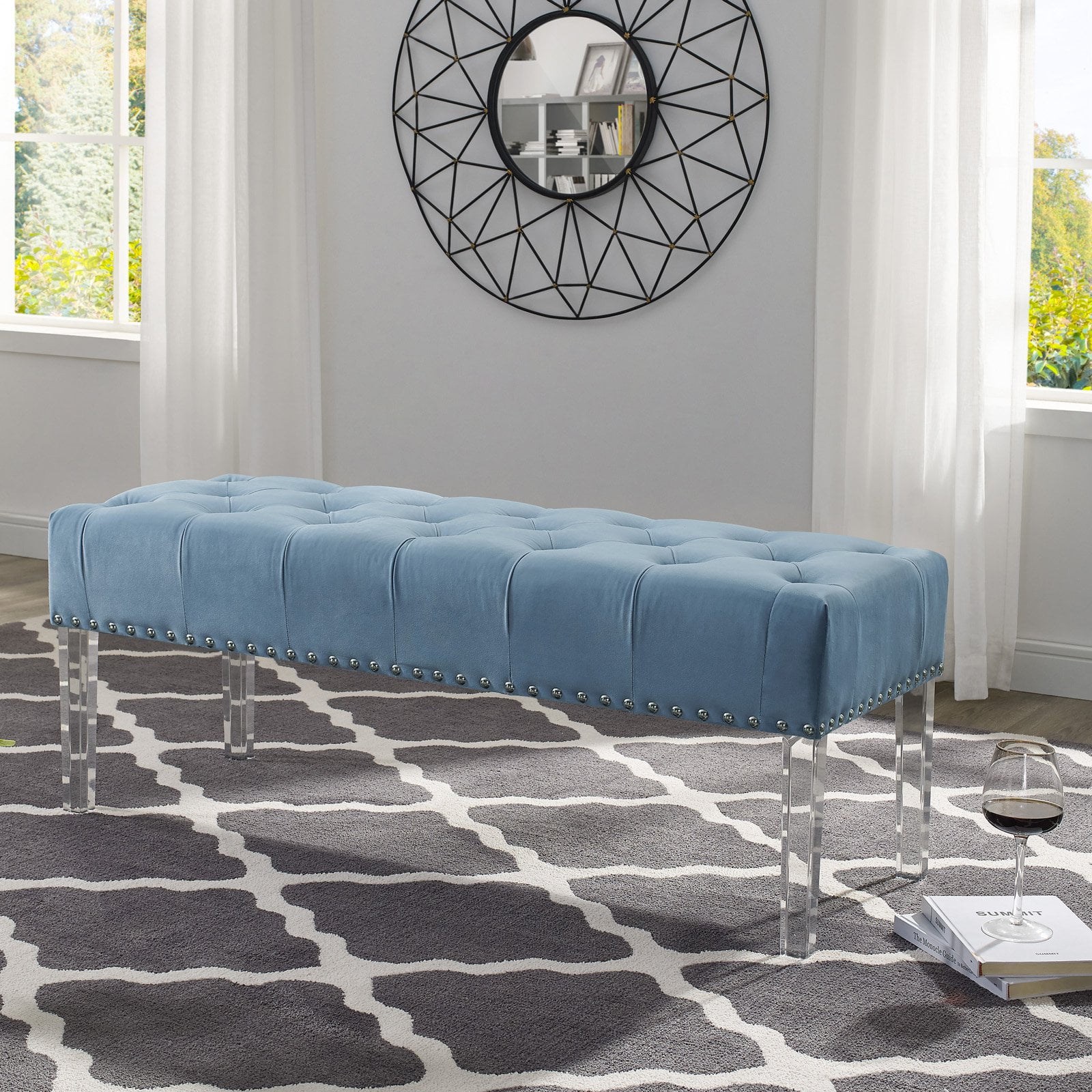 Roundhill Furniture Valley Button-Tufted Velvet Bench with Acrylic Leg in Blue