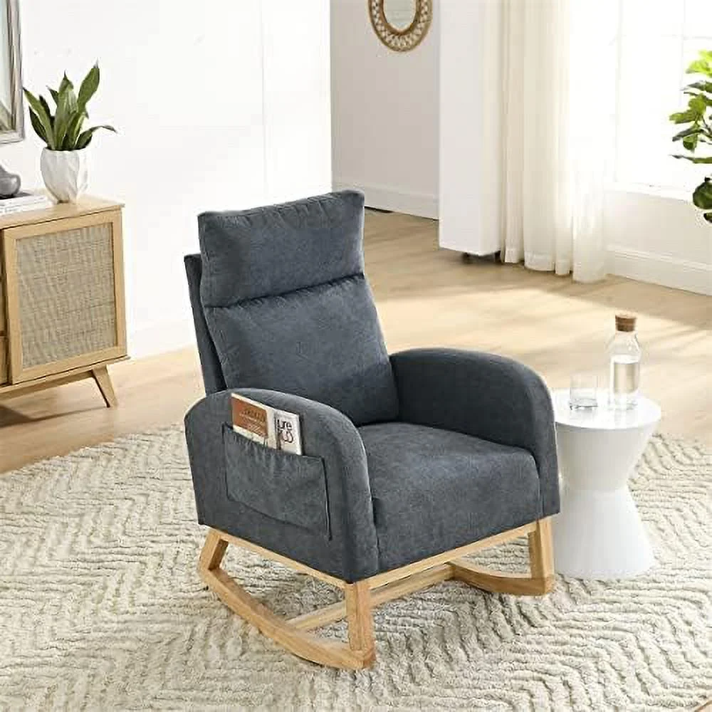 SQRTCV Fabric Rocking Chair Nursery Chair Modern Upholstered High Back Glider Rocking Armchair Comfy Rocker with Padded Seat and Wood Base Two Side Pocket Accent Chair for Living Room Bed