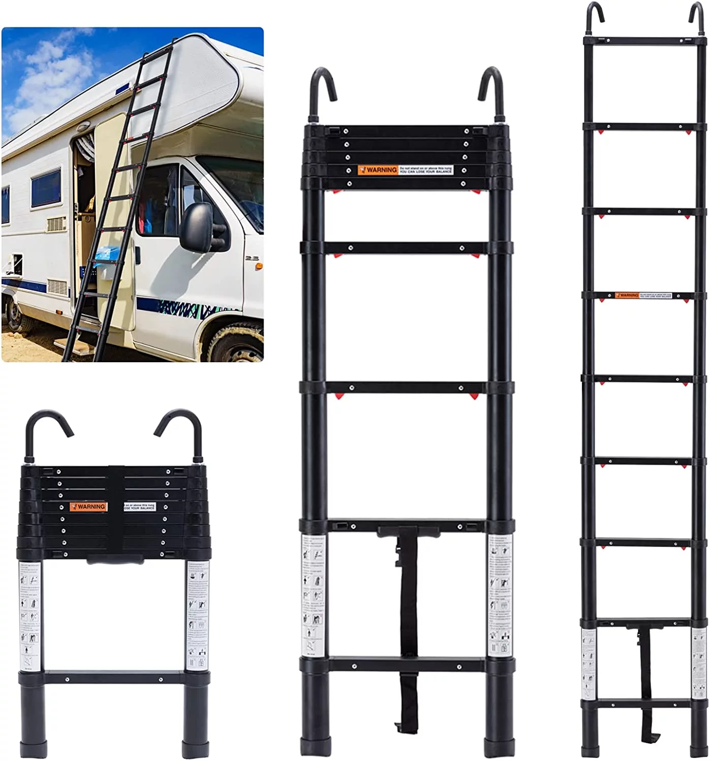 8.9FT Telescoping Ladder Black, OUWI One Button Retraction Aluminum Telescopic Ladder,Extension Lightweight Ladder, Extendable Multi-Purpose Ladder for Roofing Business,RV Outdoor, 330Lb Capacity