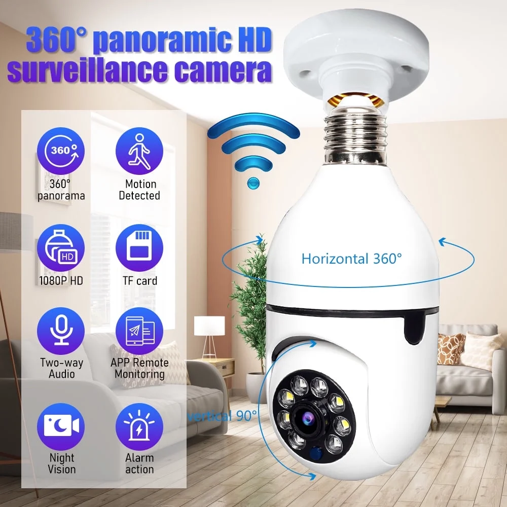 DFITO 1080P WiFi Home Security Camera,E27 Surveillance Video IP Camera,360 Degree Panoramic Baby Pet Monitor with Night Vision,Motion Detection