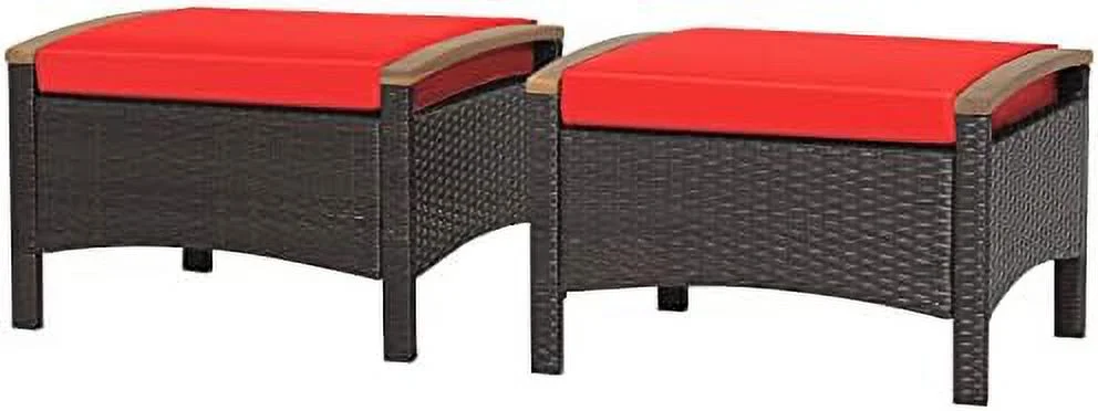 JYHOME Outdoor Wicker Ottomans for Patio - 2 Pieces PE Rattan Ottoman  Footrest Seat with Zippered Cushions  Acacia Wood Handles  3-in-1 Footstool   for Poolside  Backyard (Brown)