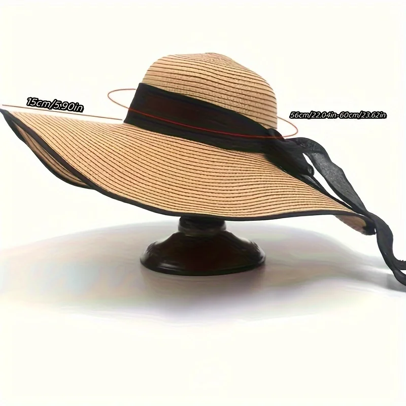 Jkzcp  1pc Women‘s Extra Large Brim Summer Hat  Foldable Anti-UV Protection Beach Hat With Ribbon Bow  Versatile Straw Sun Hat For Travel & Seaside
