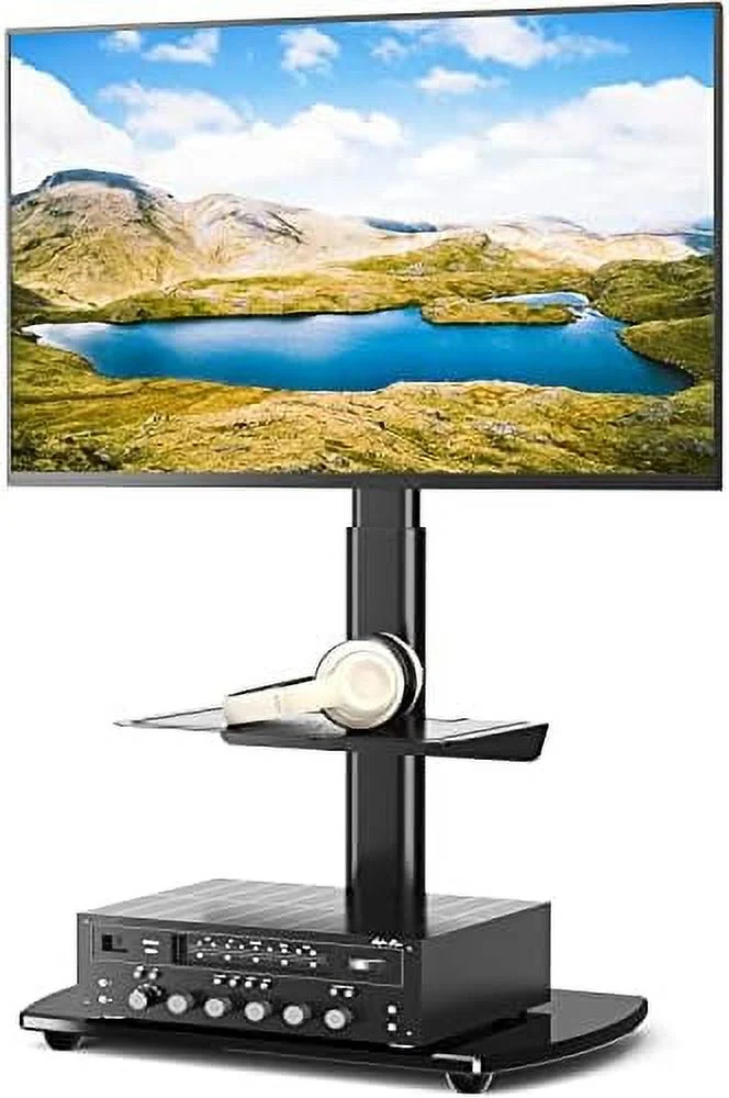 SJOINGB Universal TV Floor Stand with 3 Media Shelves for 27 32 37 42 47 50 55 65 70 inch  or Curved Screens TVs  Tempered Glass Base with Swivel Mount for Bedroom and Office  TV Stand  B