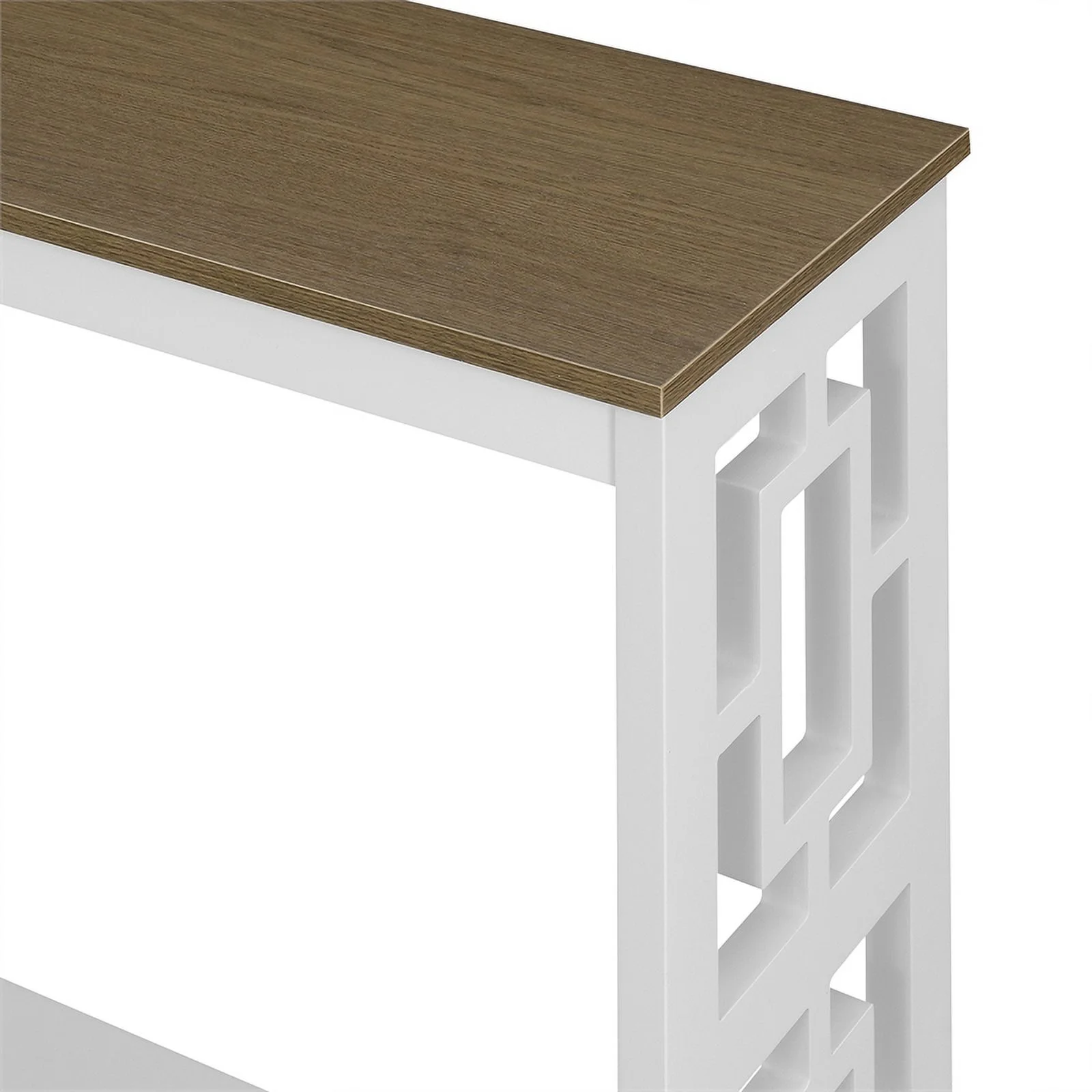 Pemberly Row Console Table with Shelf in White Wood with Driftwood Top