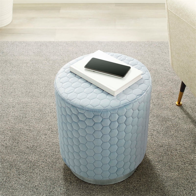 Linon Aiden Round Quilted Fabric Stool with Silver Metal Base in Blue