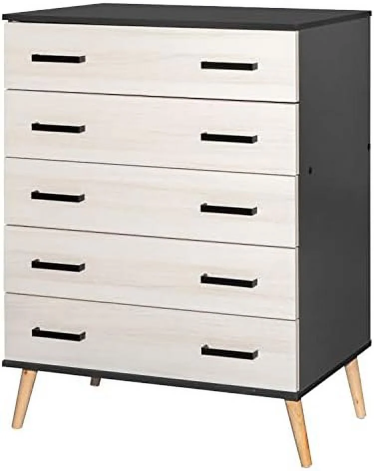 YFbiubiulife Eli Mid-Century Modern 5 Drawer Chest in White & Natural Oak