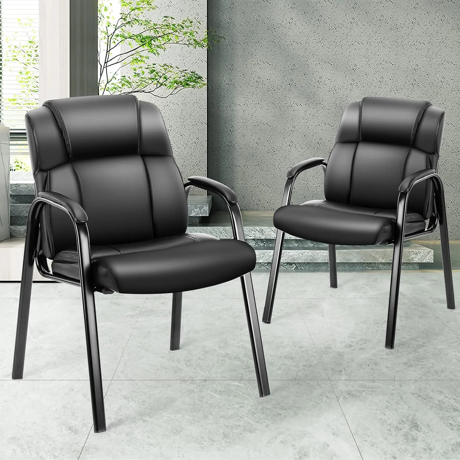 Waiting Room Reception Chairs Set of 2, Leather Office Desk Guest Stationary Side Chair with Padded Arms for Home Conference Lobby Area Meeting Church Medical Clinic Elderly Student-Black