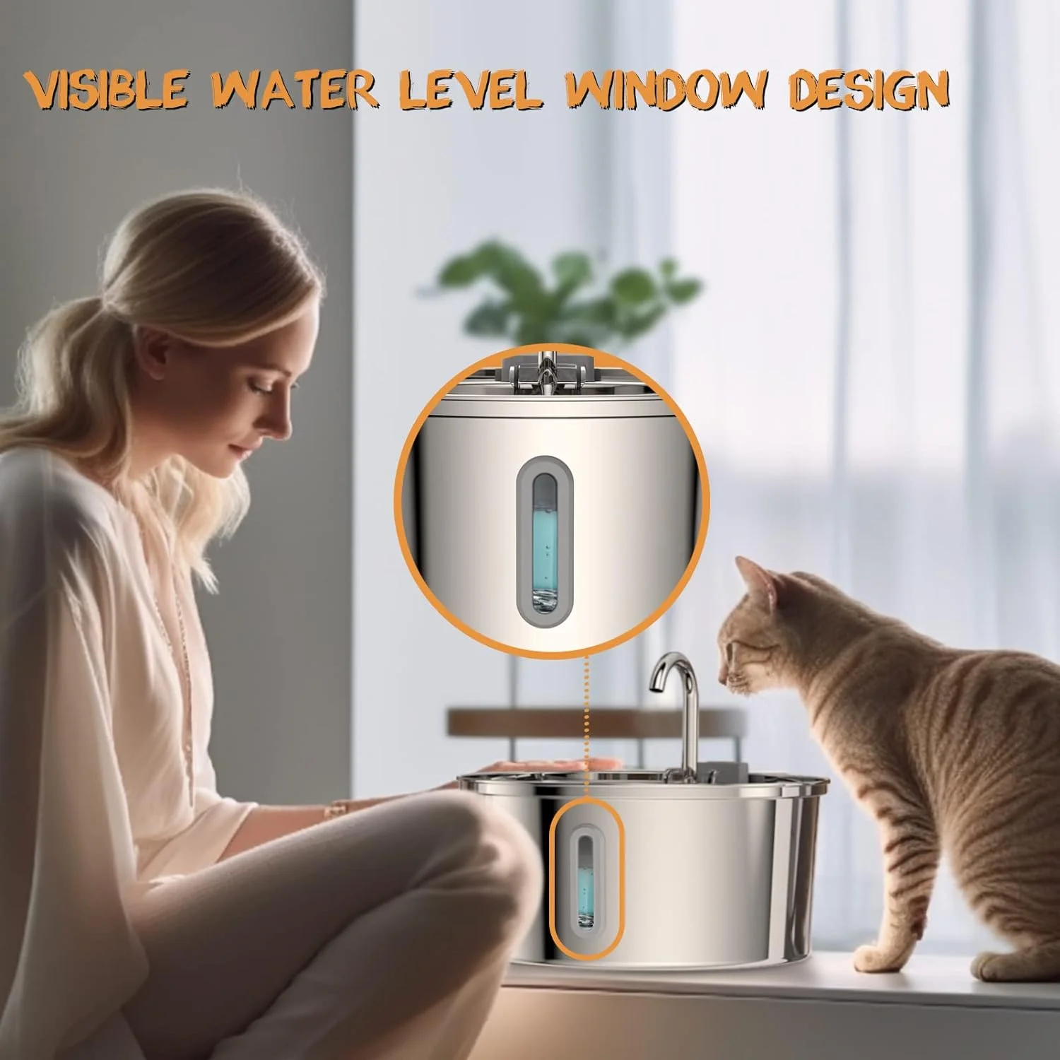 Cat Water Fountain,Stainless Steel Cat Fountain 3.2L/108oz Automatic Pet Fountain with Water Levels Window,Ultra-Quiet Pump and 3 Replacement Filters & for Multiple Pets