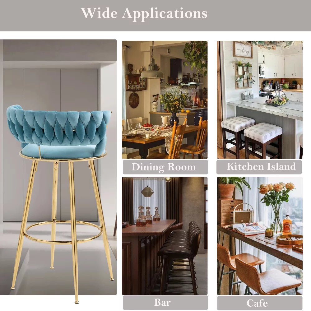 Velvet Tufted Counter Height Bar Stool Chairs with Solid Metal Legs Upholstered Bar Stools, Kitchen Island Padded Barstools with Footrest High Dining Chairs(Blue,Set of 2)