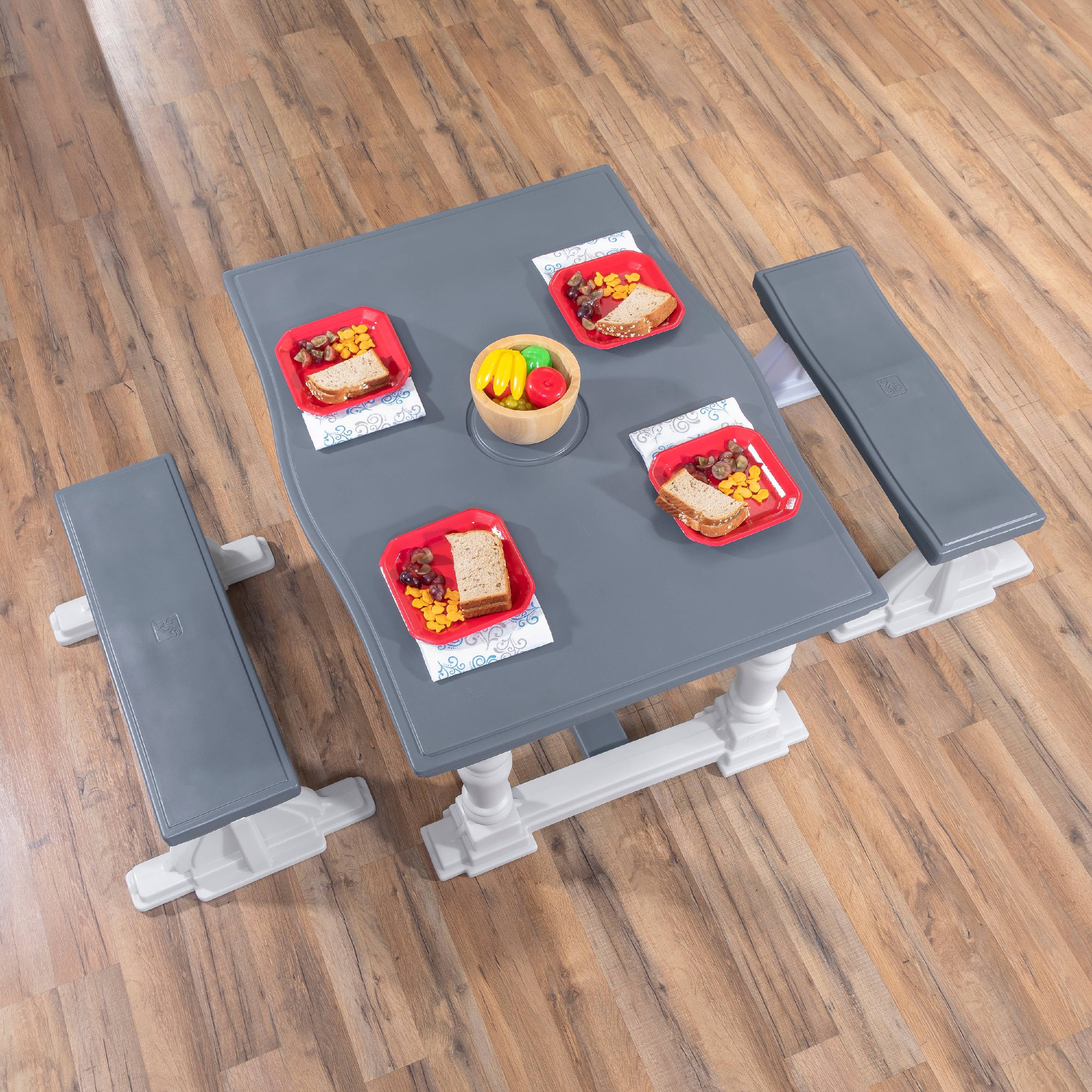 Step2 3-Piece Gray Farmhouse Table And Bench Set Seats Four Children