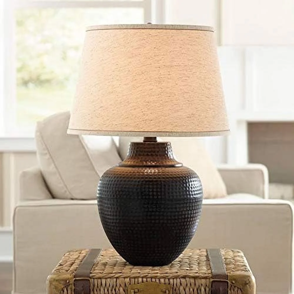 SJOPLMN Brighton Southwest Rustic Farmhouse Table Lamp 27.25" Tall Hammered Warm Bronze Metal Pot Beige Fabric Drum Shade for Living Room Bedroom House Bedside Nightstand Home Office