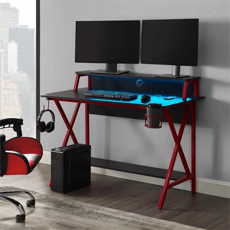 Linon Grayson LED Metal and Wood Gaming Desk in Black and Red