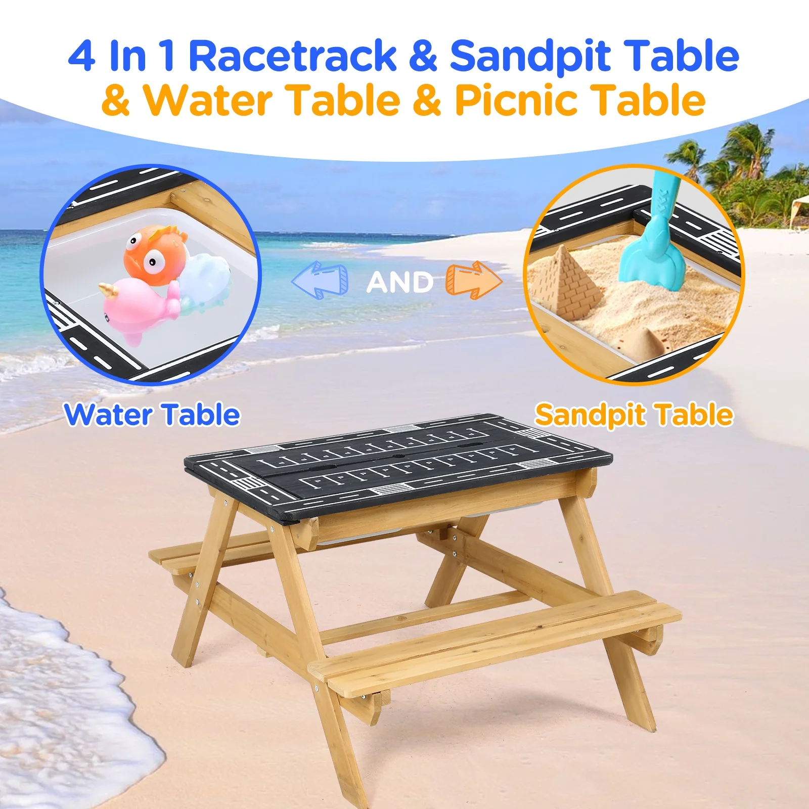 Kids Wooden Picnic Table for Toddlers-Outdoor Picnic Table with Bench and Umbrella-Large Size travel Table with Toy Race Track