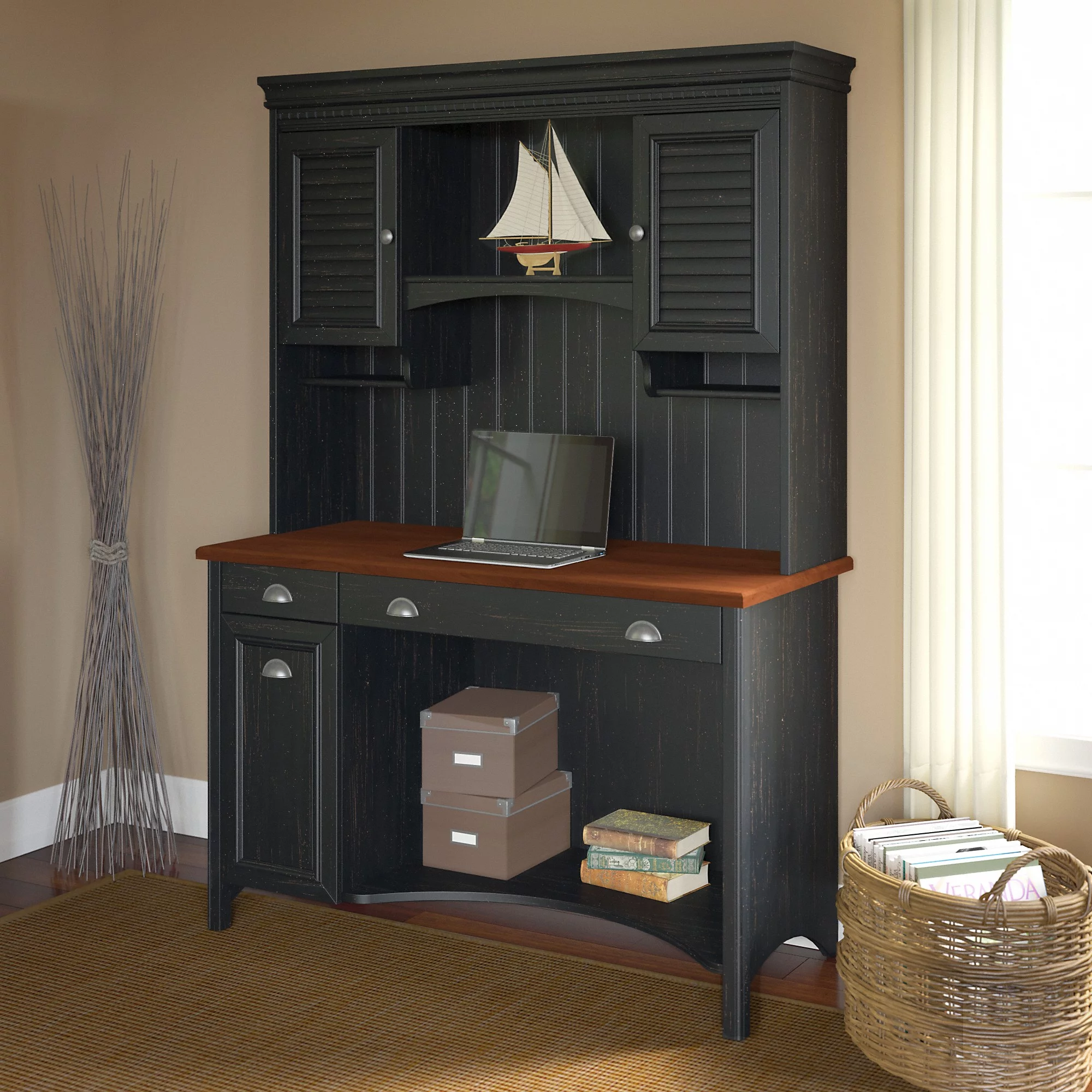 Bush Furniture Fairview Computer Desk with Hutch and Drawers in Antique Black