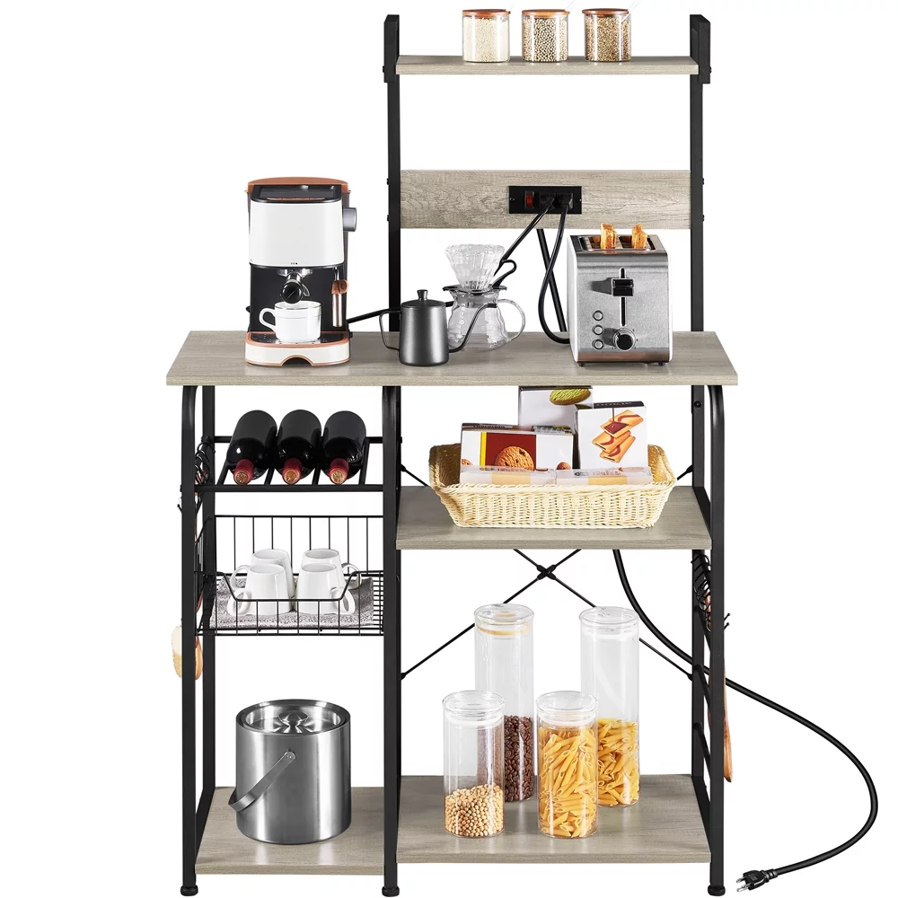 Yaheetech 55'' H 4-Tier Baker's Rack with Power Outlet and 10 S-Hooks, Gray