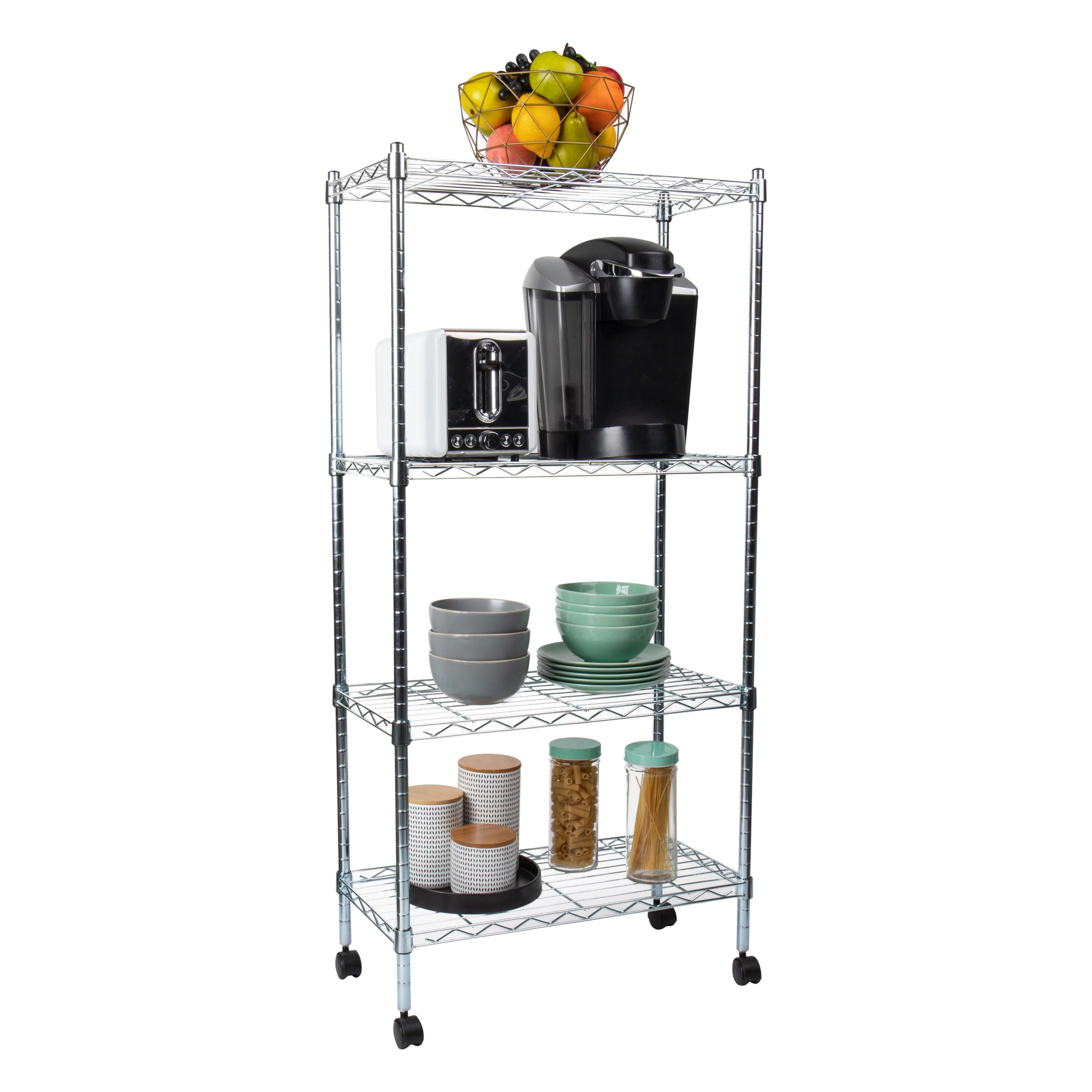 Mind Reader 4-Tier Metal Adjustable Storage Rack with wheels, Utility Rolling Cart with Shelf Organizer, Silver