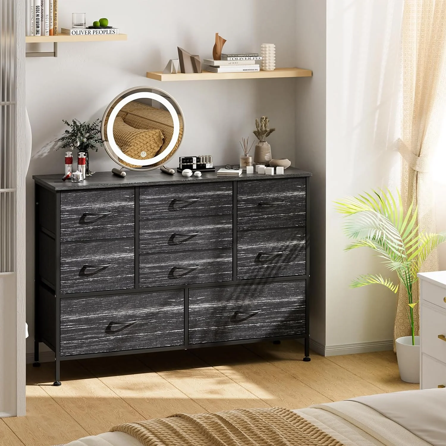 Wide Dresser TV Stand for 55” TV, Entertainment Center with 9 Fabric Drawers, Storage Organizer Unit for Bedroom, Living Room, Closet, Entryway, Hallway (Black Wood Texture)