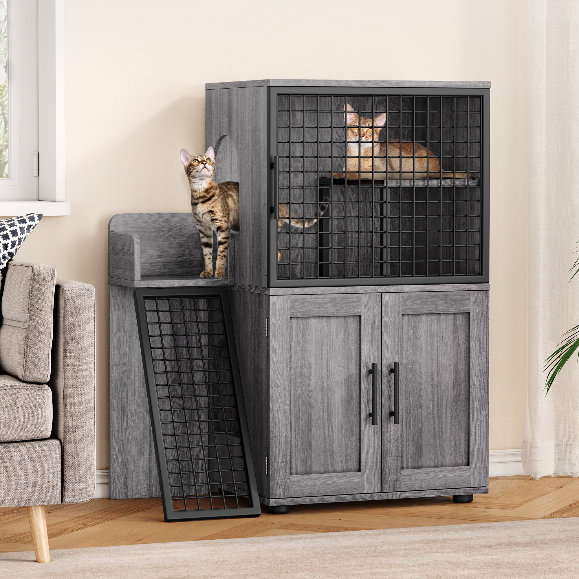 Towallmark 2 In 1 Hidden Litter Box Enclosure Furniture, 2 Storage Racks And 2 Drawers, Litter Box With Platform, Ladder, Indoor Cat Washroom, Rustic Grey