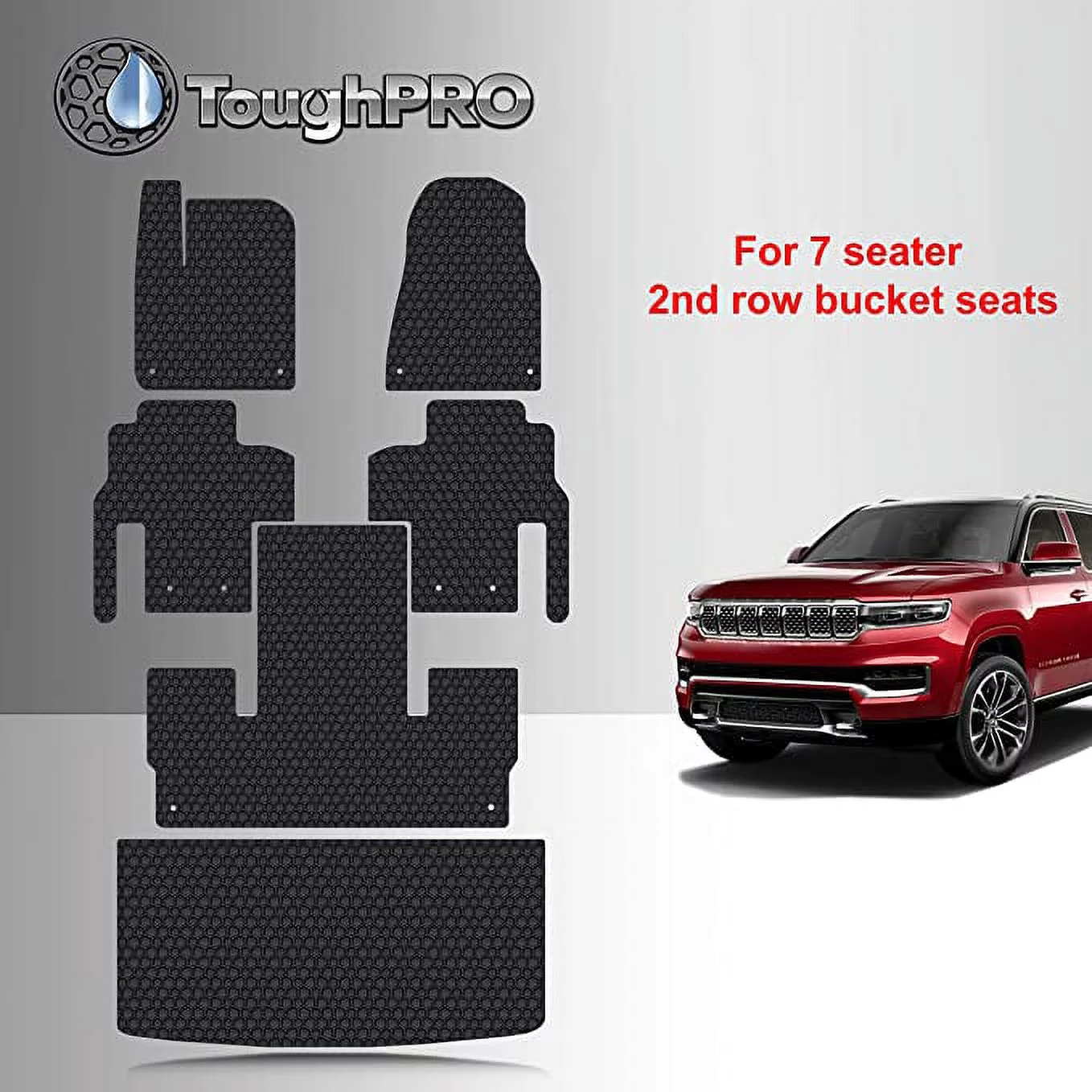 TOUGHPRO Floor Mats Accessories Set + 3rd Row + Cargo Compatible with Jeep Grand Wagoneer 7 Seater All Weather Heavy Duty Black Rubber 2022