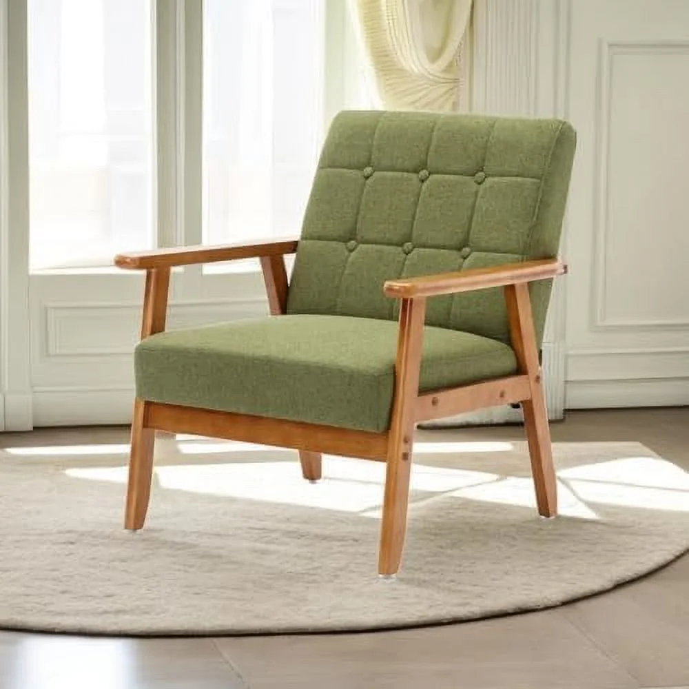 JYHOME Mid-Century Modern Accent Chair Cushion and Solid Wood Frame Comfortable Upholstered Wood Armchair for Living Room  Bedroom  Studio  Office  and Waiting Room (Green)