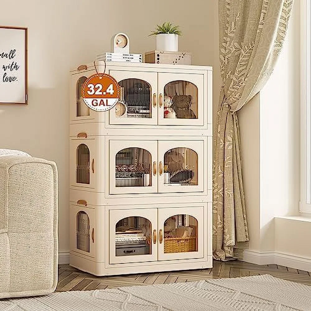 ZFGSUIJN 75 GAL Stackable  Bins with Lids for Closet Organizers Collapsible  Bins with Door and Wheels Trunk Car Folding  Containers Box for Bedroom Kitchen Office Toy Plastic 3PC