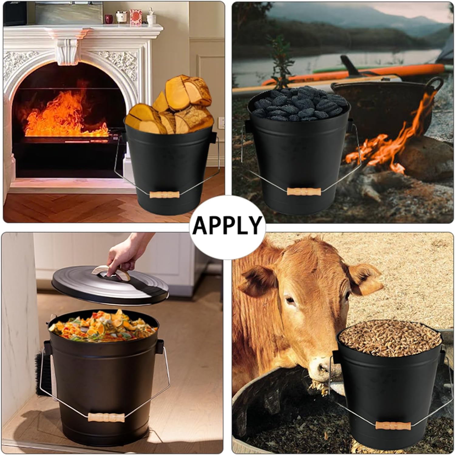 Ash Bucket With Lid And Shovel, Hand Broom And Gloves, 5.2 Gallon Large Metal Ash Bucket For Fireplace Tools Set, Fire Pits, Wood Burning Stoves, Indoor And Outdoor, Camping, Grill, Black