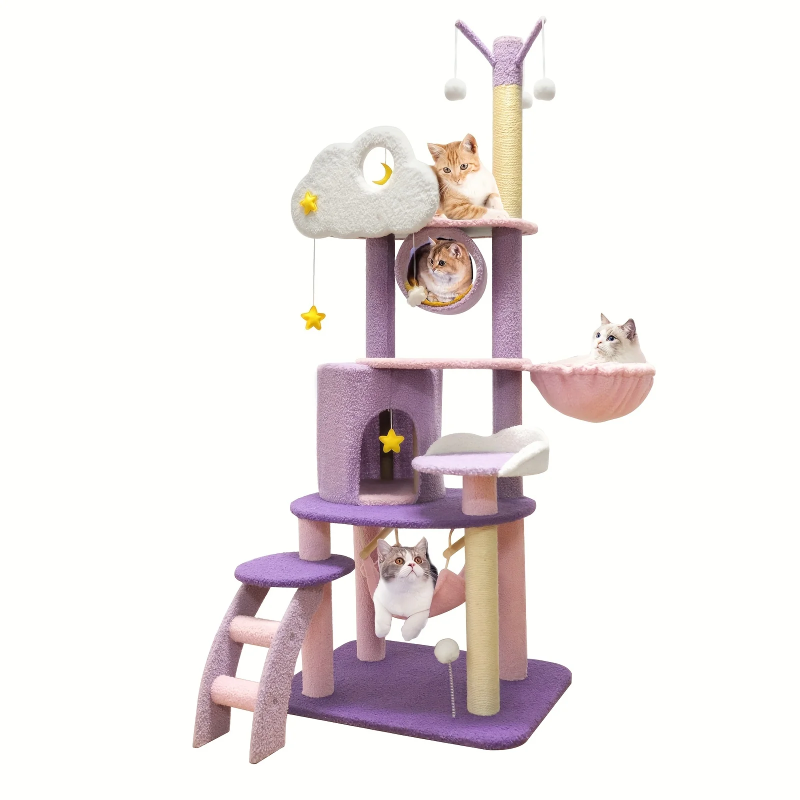 RHYFJJUI2 65in Cat Tree Cute For Indoor Cats Pink Moon Cat Tree Tower With Scratching Post, Hammock And Condo Large Tall Cat Tree For Kittens Cats