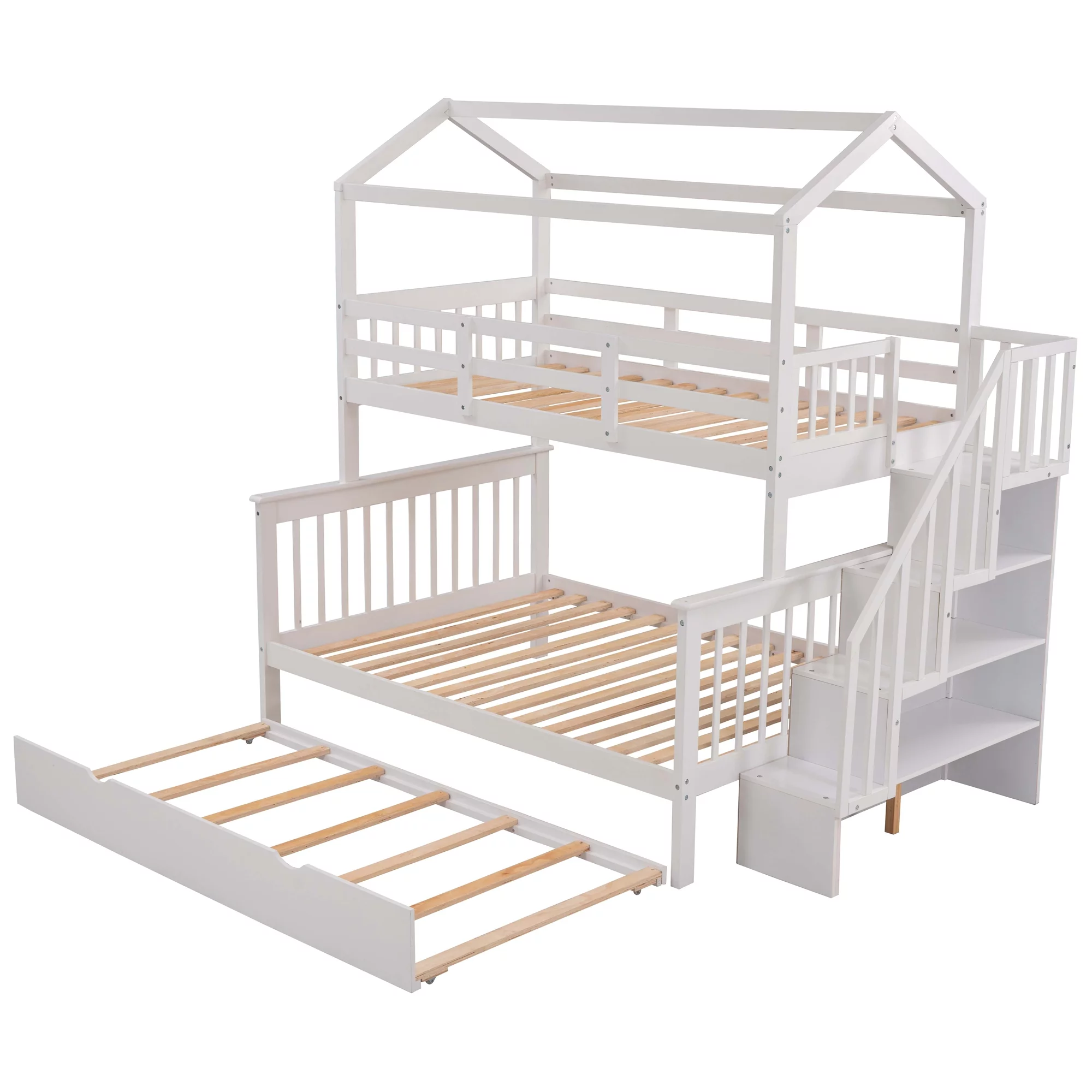 EUROCO Twin over Full House Bunk Bed with Trundle and Staircase, White