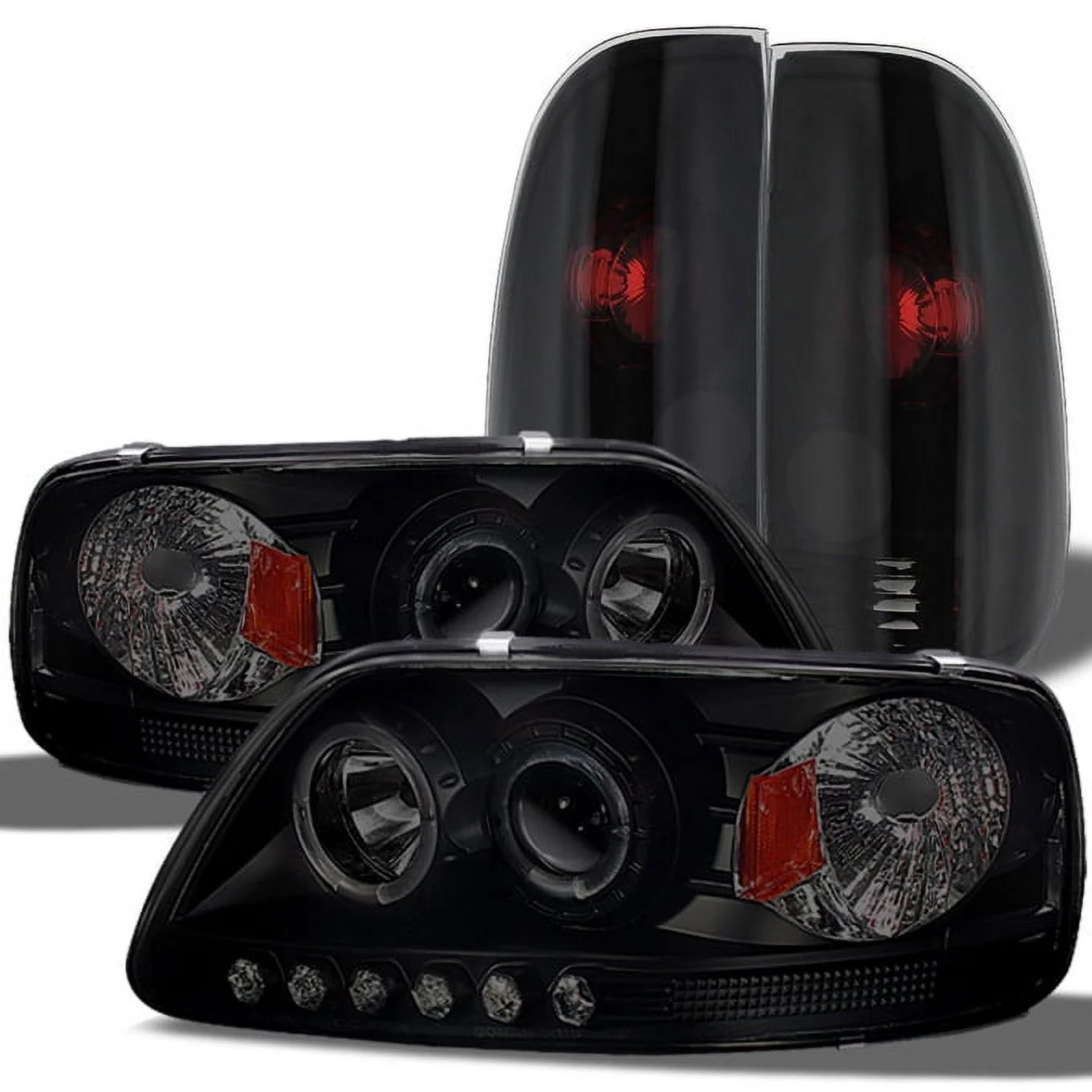 AKKON - For Black Smoked 1997-2003 Ford F150 2004 Heritage Halo {6 LED} Projector Headlights+ Tail Lights Lamp