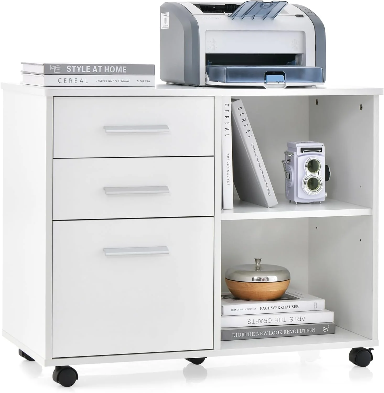 3-Drawer File Cabinet for Office - Home Mobile Lateral Filing Cabinet with Hanging Bars, Open Storage Shelves, 5 Universal Wheels, Printer Stand for Letter Size Storage Cabinet (White)