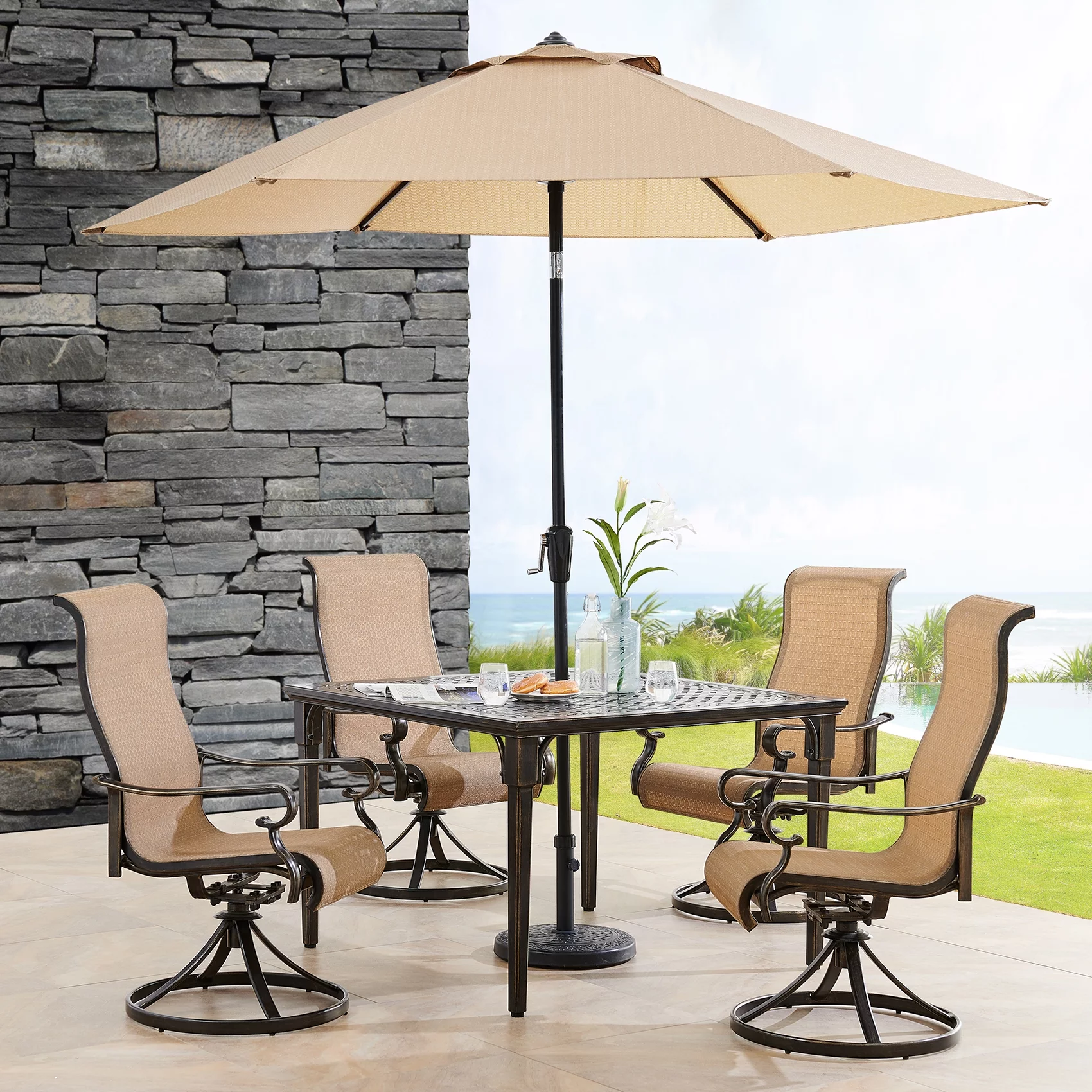 Hanover Brigantine 5-Piece Modern Outdoor Dining Set with 9 Ft. Umbrella | 4 Contoured Swivel Rocker Chairs | 42'' Square Cast-Top Table | Weather, Rust, UV Resistant | Tan/Bronze | BRIGDN5PCSWSQ-SU