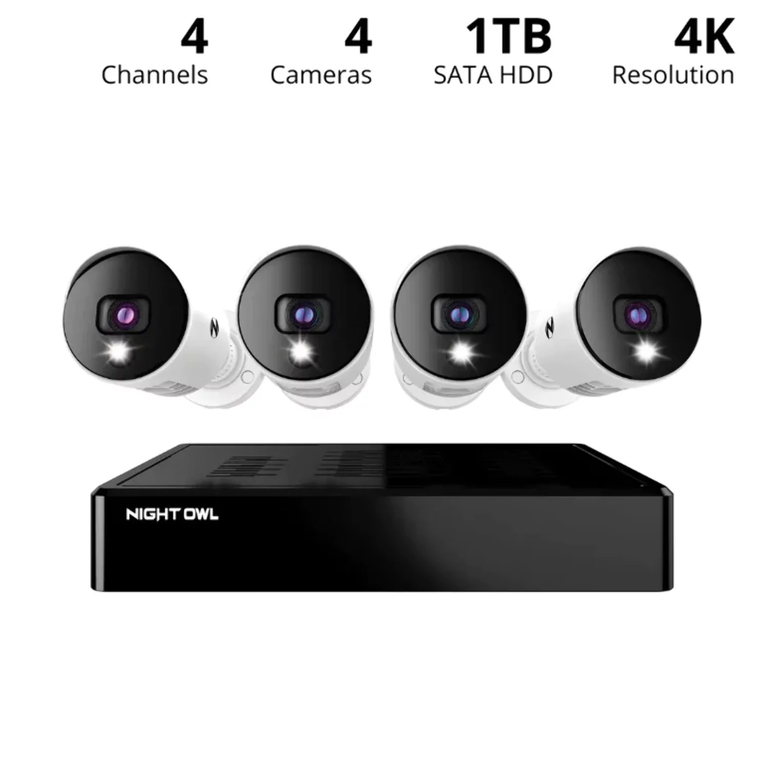 Night Owl 4 Channel 4K Bluetooth DVR with 1TB Hard Drive and 4 Wired 4K Spotlight Cameras