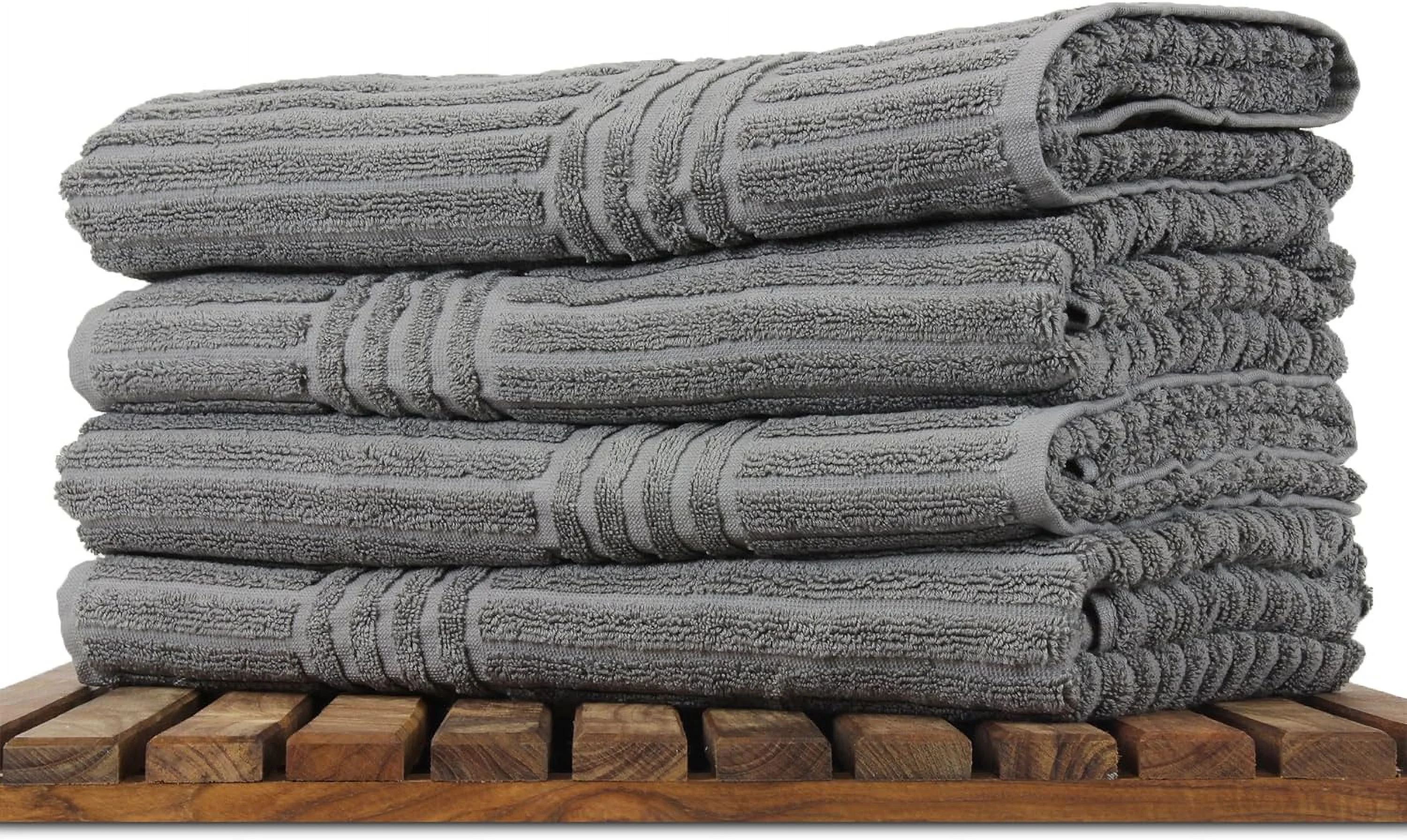 Luxury Hotel & Spa 100% Natural Turkish Cotton Ribbed Channel Pattern Bath Towel (Set Of 4), Gray